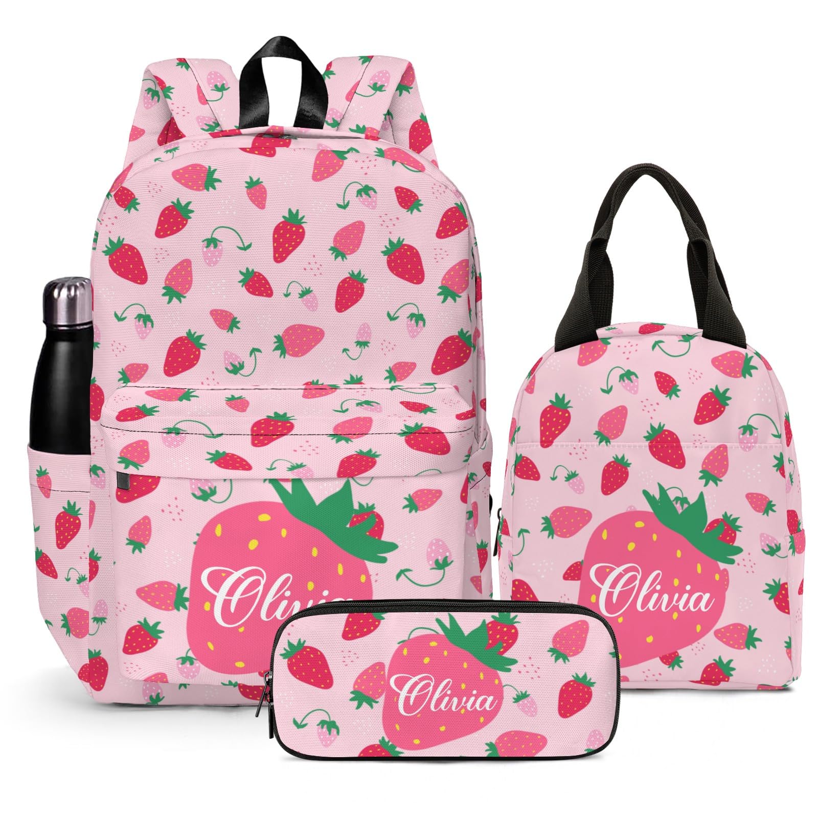Personalized Strawberry Backpack for School, Cute Fruit Pattern Printed Kids School Bag Pink Bookbag Backpack Set with Lunch Bag Pencil Case