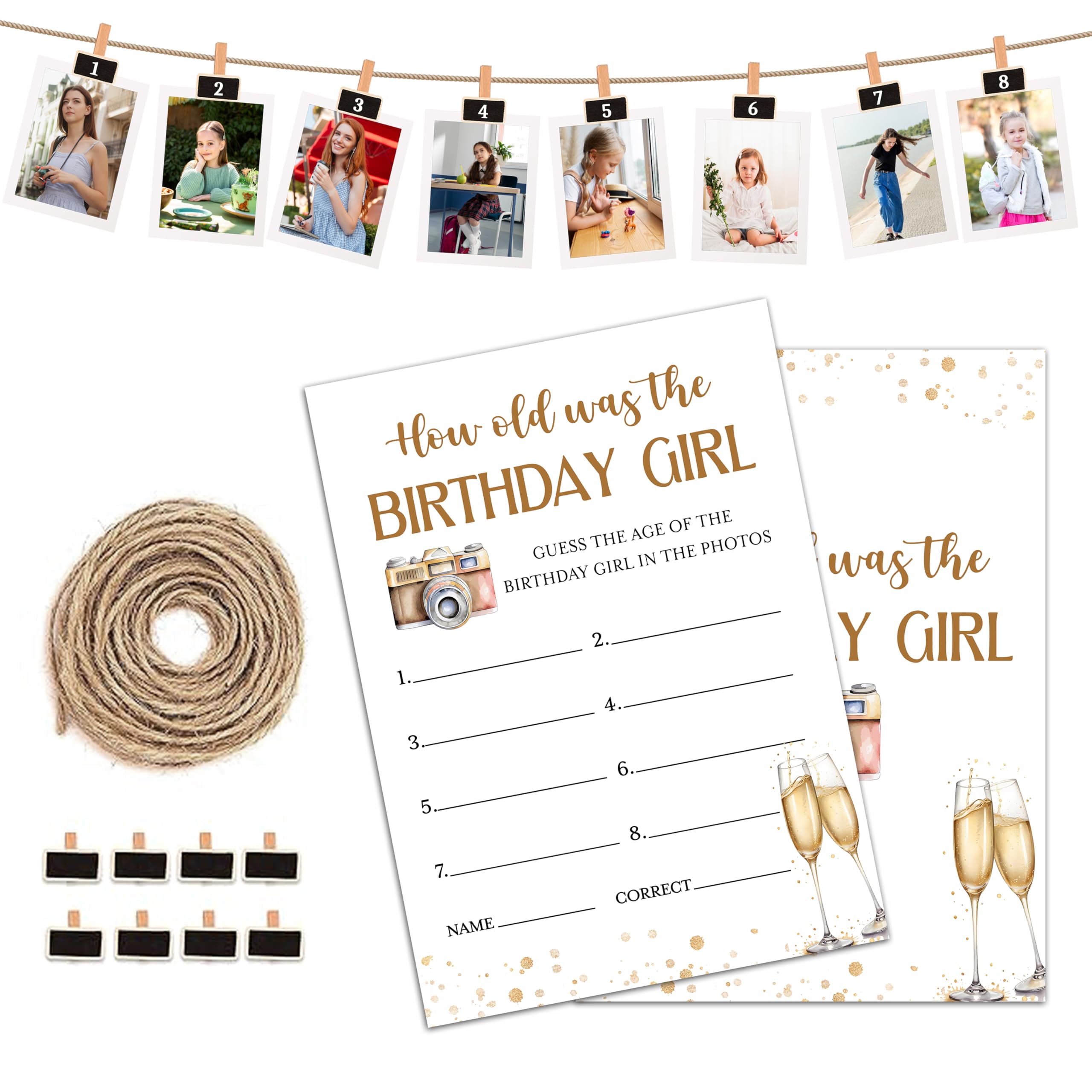 Birthday Party Games, Gold Champagne Birthday Photo Games Card, Birthday Sleepover Party Ideas Supplies, How Old was The Birthday Girl Game Cards, 30