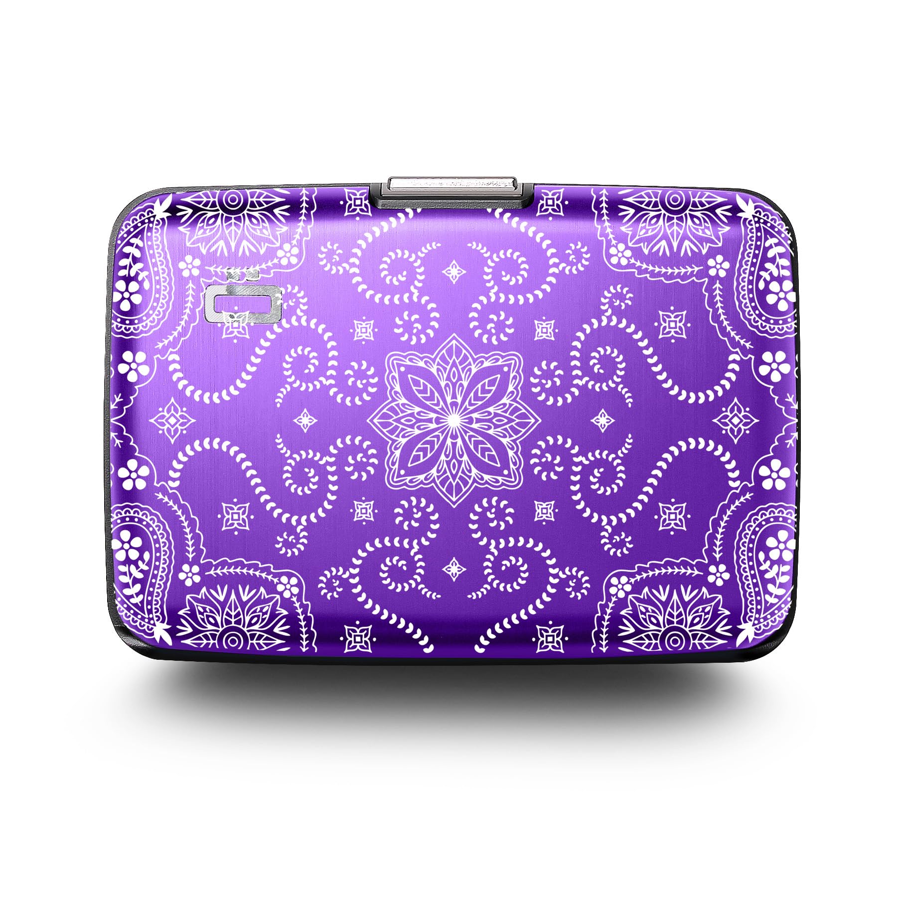 Aluminum Card Holder with Metal Lock, RFID Protection Against Fraud and demagnetization, Compact Wallet, Smart Case Stockholm Model (Engraving Bandana Purple)