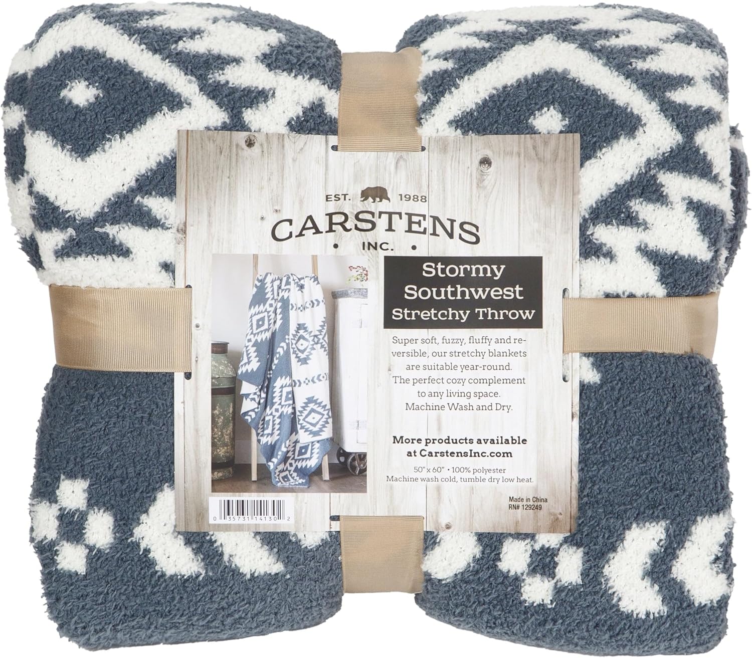 CARSTENS, INC. Luxury Soft Stretchy Reversible Plush Throw Blanket, Large 50" x 60", Western Blue Diamond Aztec - Image 7