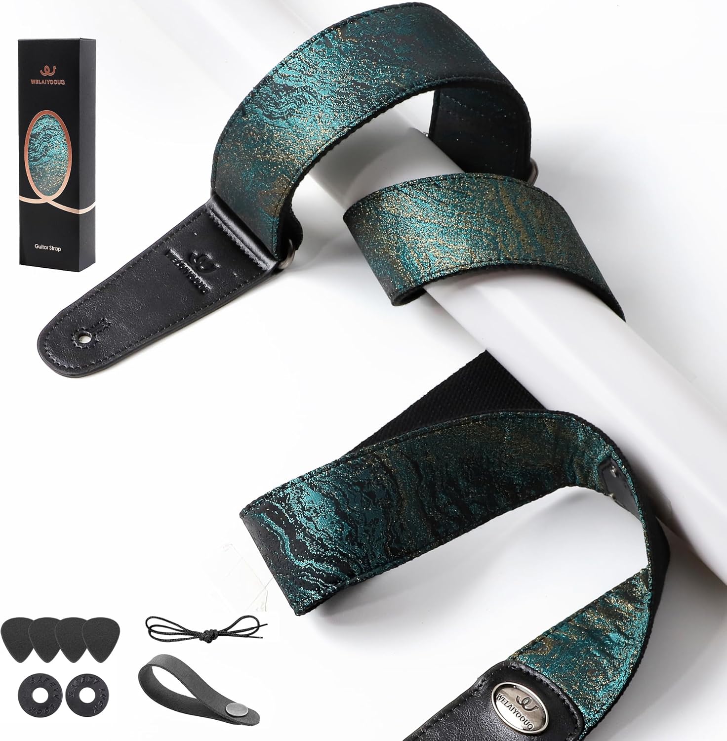 Guitar Strap, Stylish Adjustable Guitar Straps for Acoustic/Bass/Electric Guitar, Double Vegetable Tanned Cowhide on End, Guitar Player's Gift, Can Hold Guitar Pick, Blue gold