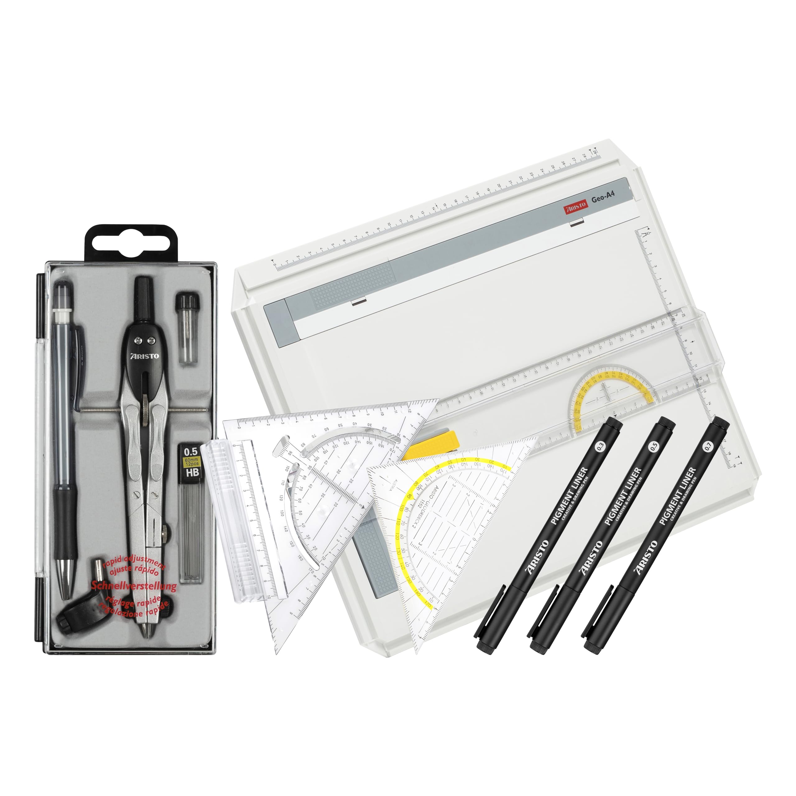 Aristo VD87120 Zeichenplatten Set 2 (AR70442 Geo Board Zeichenplatte A4, AR7090 Schnellzeichendreieck, AR80084 Zirkel 5-teilig, AR23513 College Pigmentliner 3er-Set, AR1552 Geodreieck 16 cm)