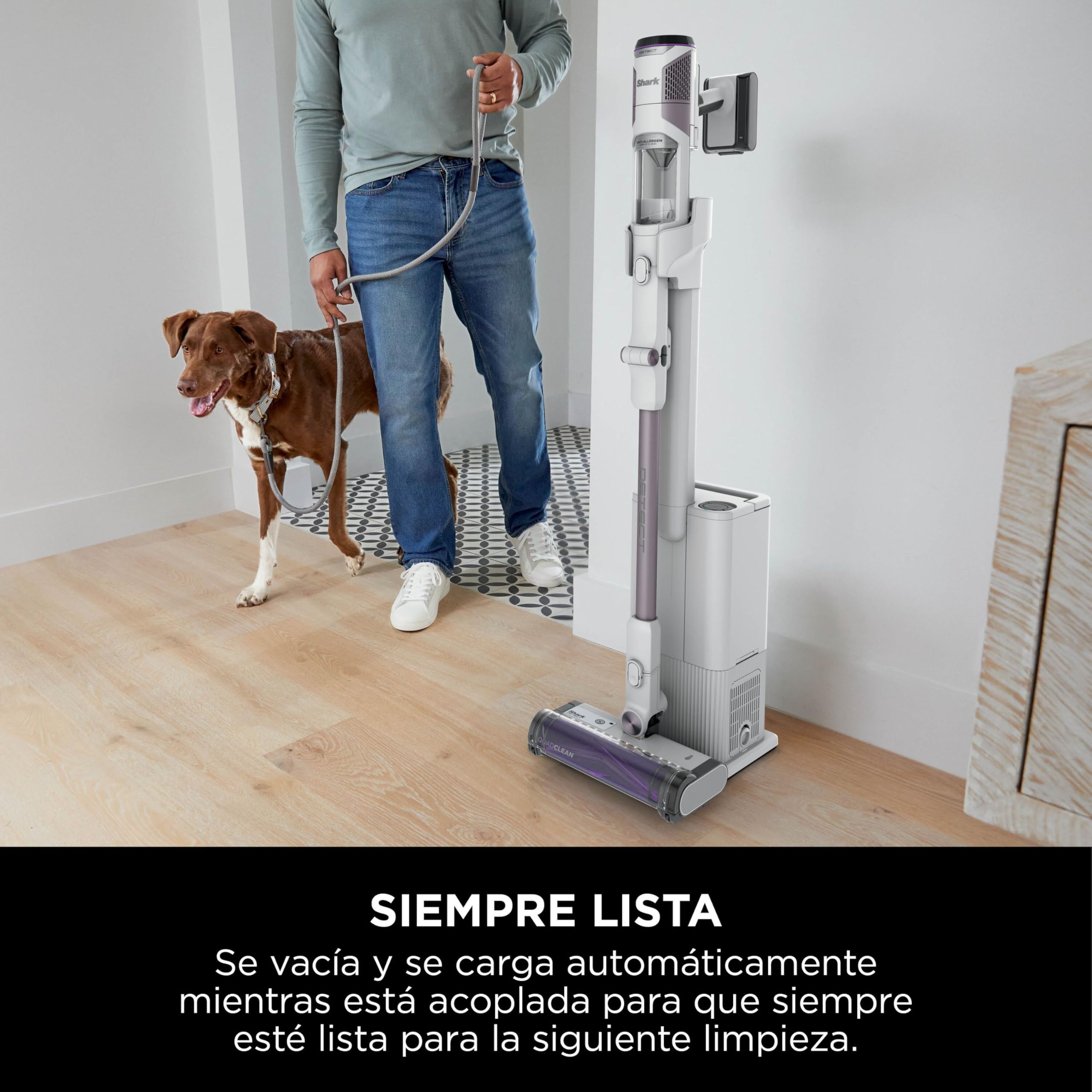 Shark Detect Clean & Empty, Aspiradora sin Cable y sin Bolsa, IW3613EUT | Tecnología Dirt Detect y Base de Autovaciado de 2L, 60 Min. Autonomía, Anti Hair Wrap y Boquilla Estrecha y Cepillo, Blanco