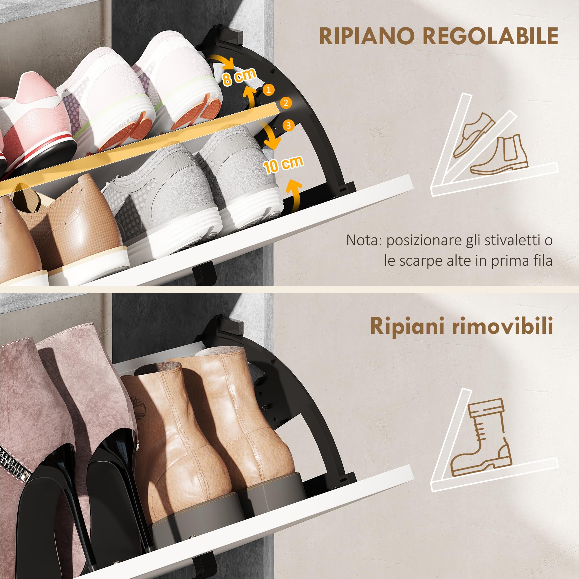 HOMCOM Scarpiera Salvaspazio Slim con 2 Ante a Ribalta, Scarpiera Ingresso con 3 Vani Aperti, Ripiani Regolabili, Piano Superiore, Porta Scarpe per 15 Paia in Legno con Maniglia, Grigio