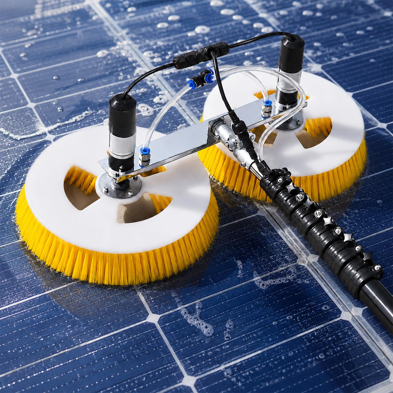 SENJINGHUA 65cm Electric Dual-Head Solar Panel Cleaning Brush with Telescopic Carbon Fiber Pole, Water Fed, for PV Panels, Windows & Rooftops 7.5m
