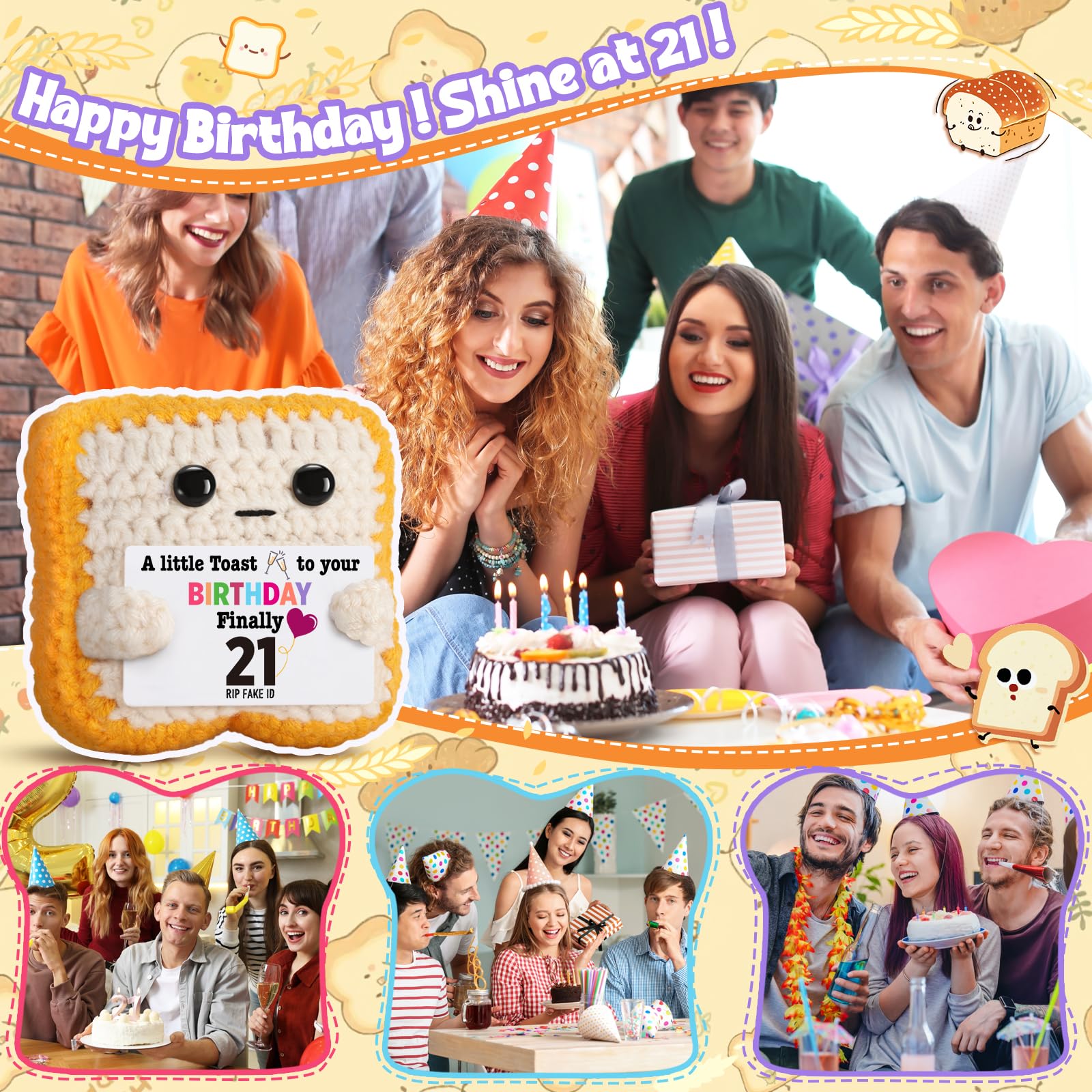 Finally 21 - Funny 21st Birthday Gift for Her Him - Crochet Toast with 'RlP Fake ID' Gag Message - Unique Adult Birthday Decor & Keepsake for Daughter, Son, Friend, Sister female Male From Mom Dad