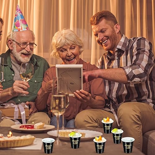 Miniatura 6 de 100 vasos desechables de plástico de 2 onzas con texto en inglés "Cheers to 30", 40, 50, 60, 70 años, vasos de plástico desechables para cumpleaños,