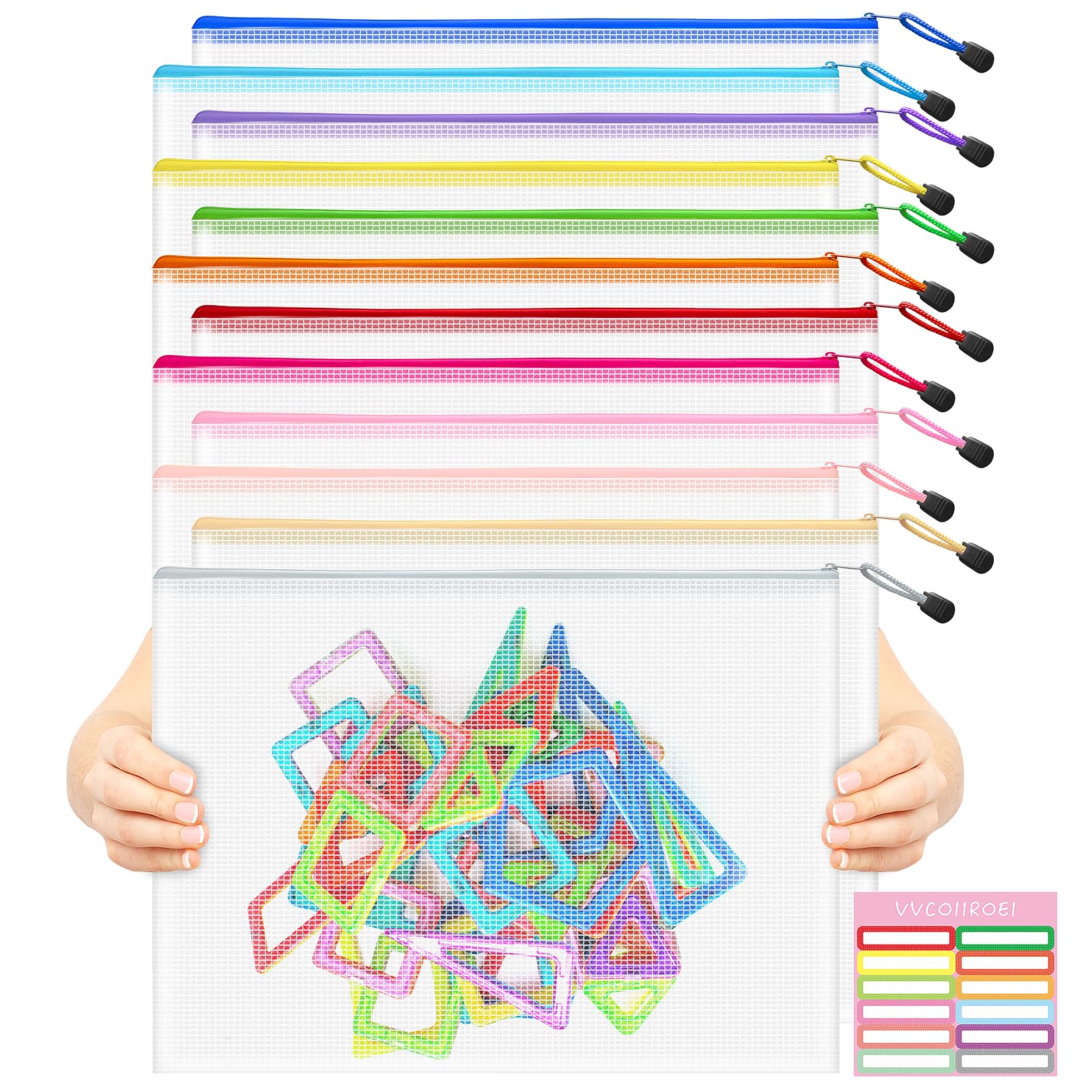 12pcs Mesh Zipper Pouch Bags, A3 12x17 Inches, 12 Colors Zipper Pouches for Organizing, Board Game Storage, Travel, School Office