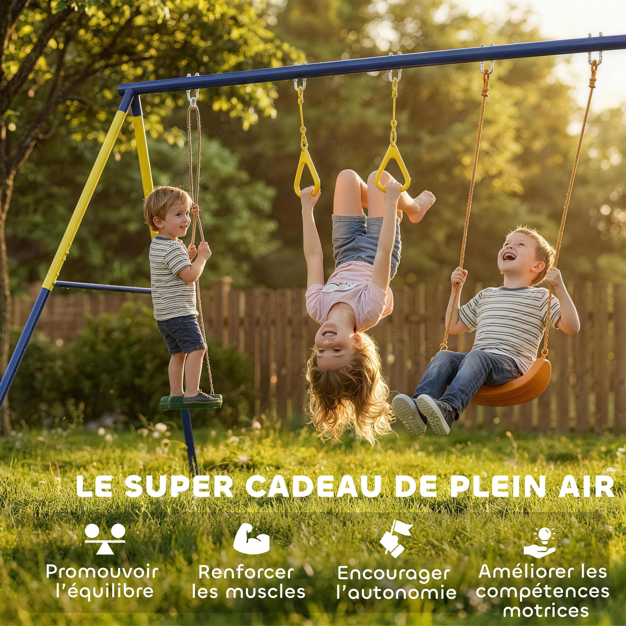 AIYAPLAY Portique Balançoire Extérieure Enfants 3-en-1 Siège de Balancelle