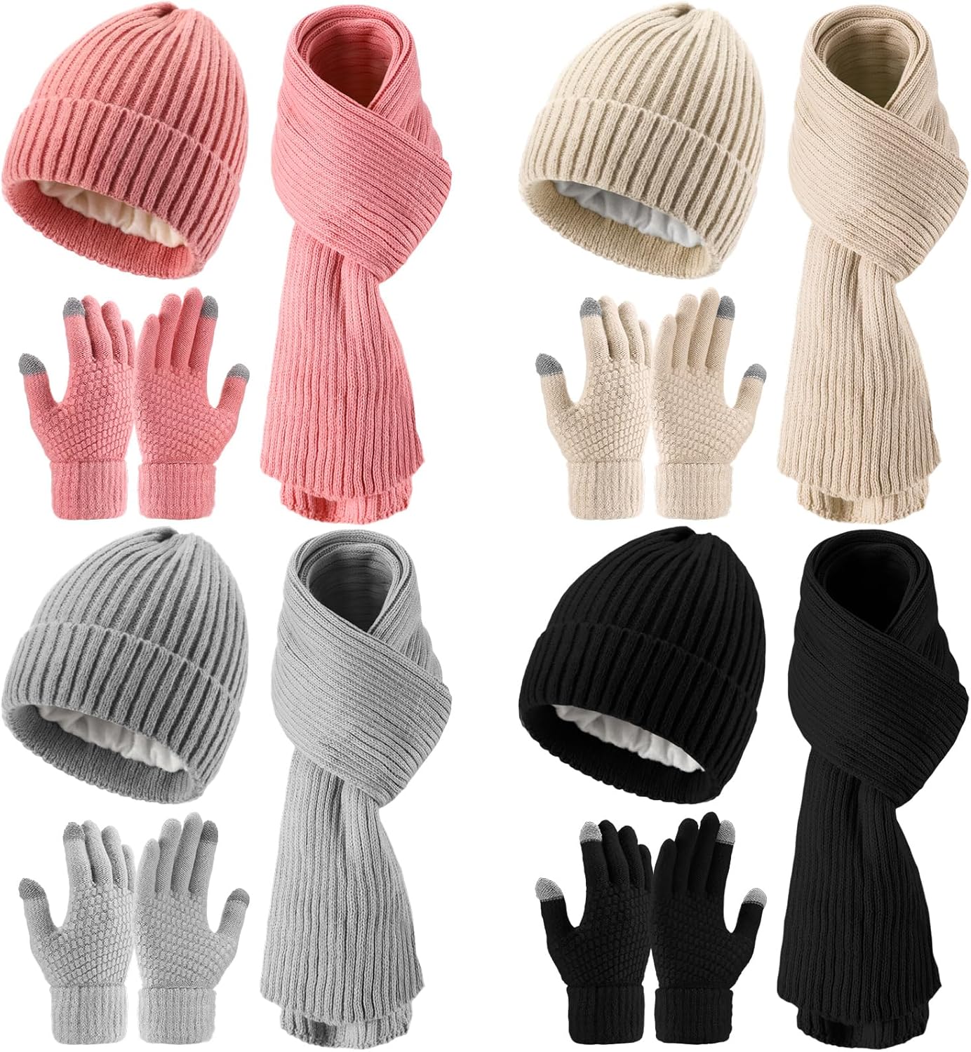 Liitrsh 12 Pcs Women Beanie Scarf Gloves Sets Knitted Beanie Winter Hat Scarf Warm Touchscreen Gloves
