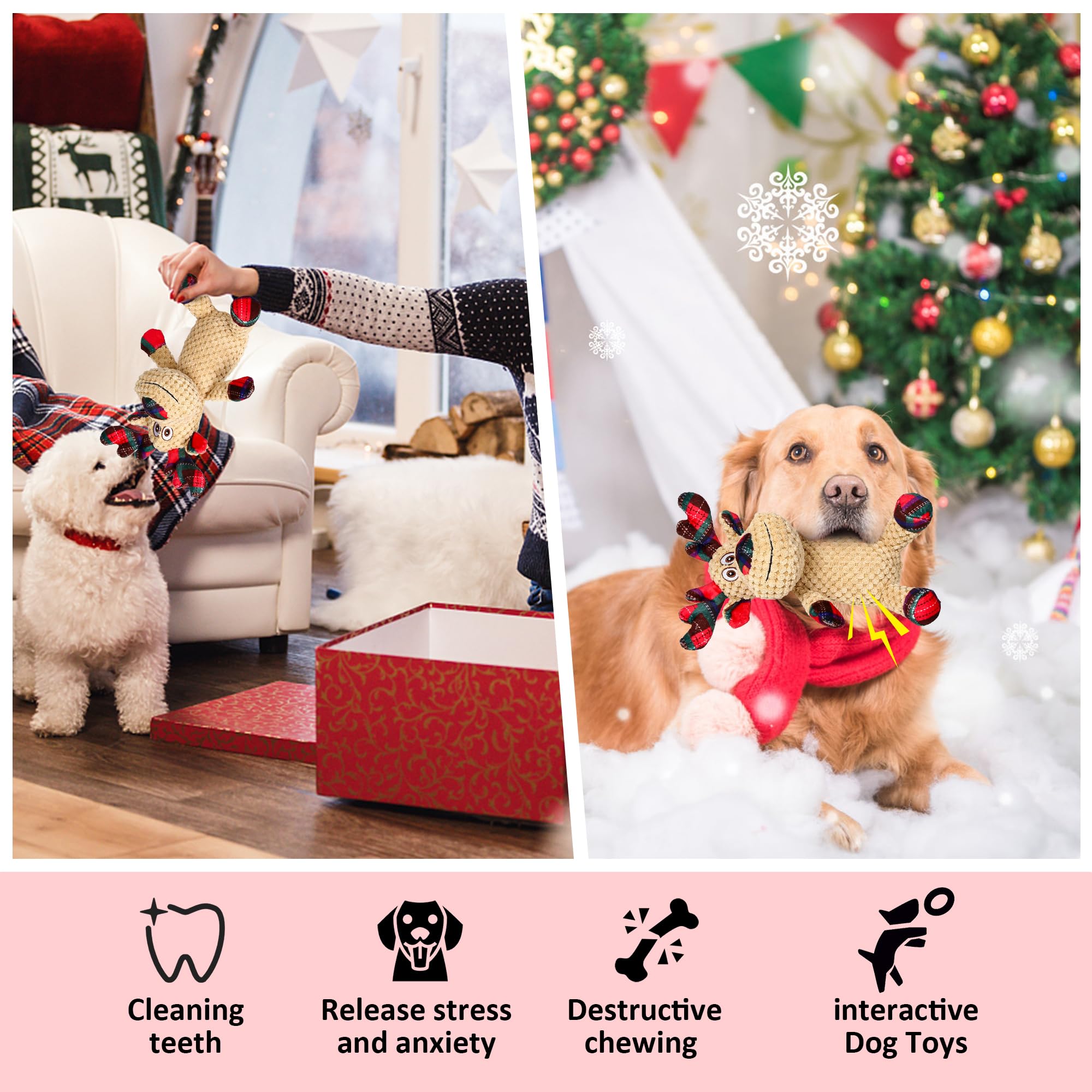 VORZOKISPL Christmas Squeaky Dog Toy - Soft Plush Reindeer Chew Toy, Durable & Safe Cotton, Interactive Xmas Gift for Small/Medium Dogs - Image 4