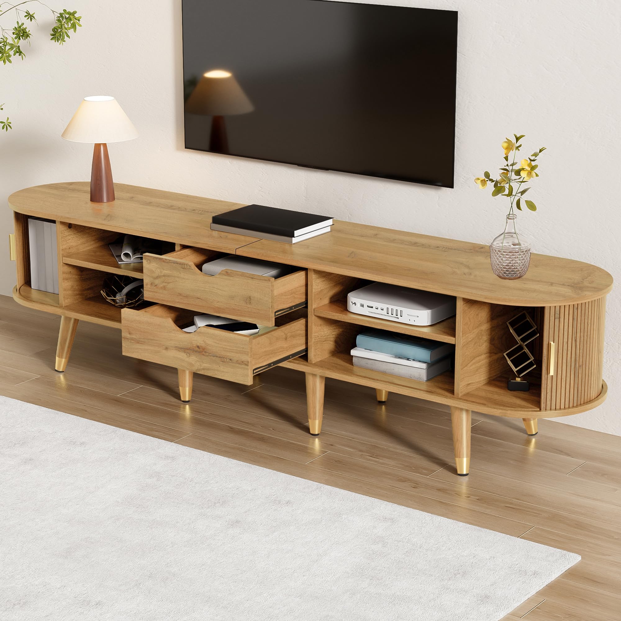 Mobile basso per TV, 175 cm, noce, con anta scorrevole in rattan, scomparti aperti e cassetti, portata 60 kg, stile rustico per soggiorno