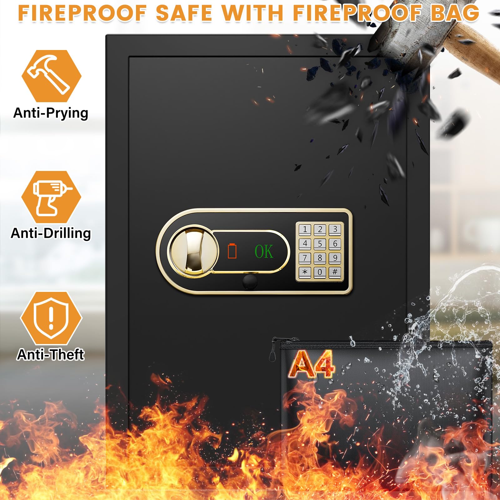 Mejasg Cassaforte ignifuga con custodia A4 ignifuga, 65 l, grande con ripiano rimovibile e vano batteria esterno, cassaforte digitale per casa, contanti, gioielli, medicine, documenti A4