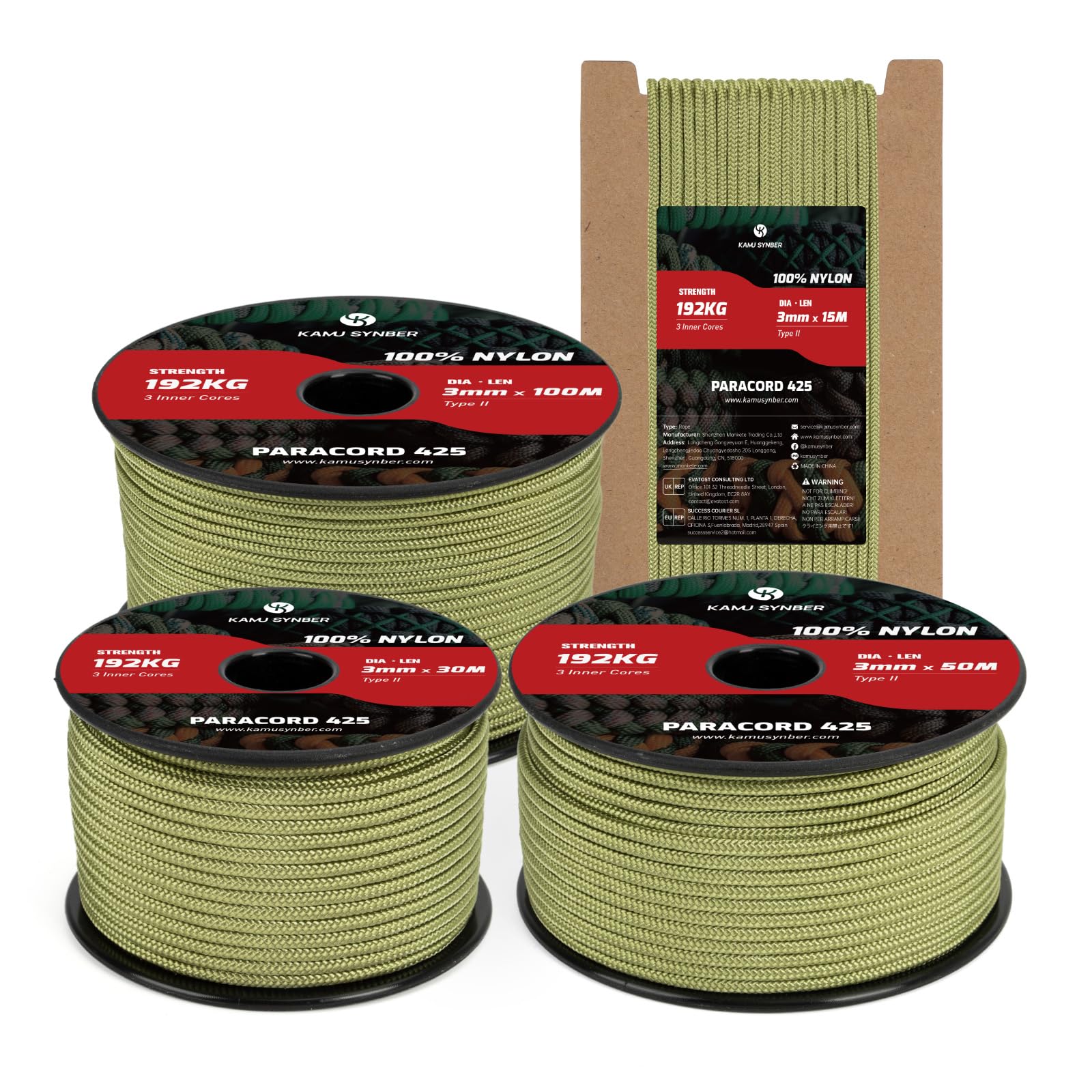 Kamu Synber 425 Paracord 3mm x 50m 100% Nylon Rope 3 Strands Parachute Cord Type II for Outdoor, Crafting, DIY | Support 192kg | Holy Guacamole