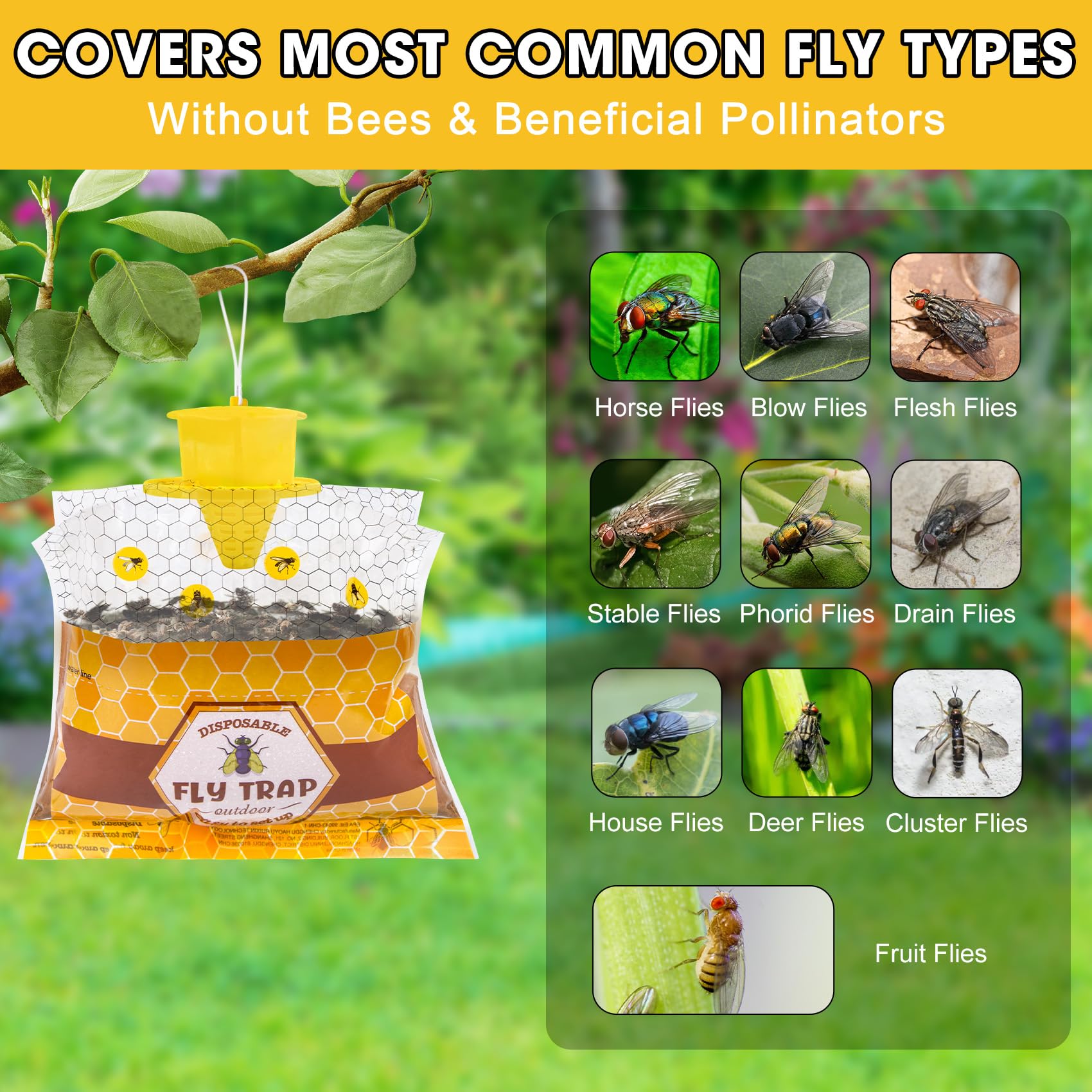 Paquete de 4 trampas para moscas para colgar al aire libre para patio, bolsas desechables para moscas al aire libre con cebo de 30 g, atrapador de moscas de insectos, control asesino para granero