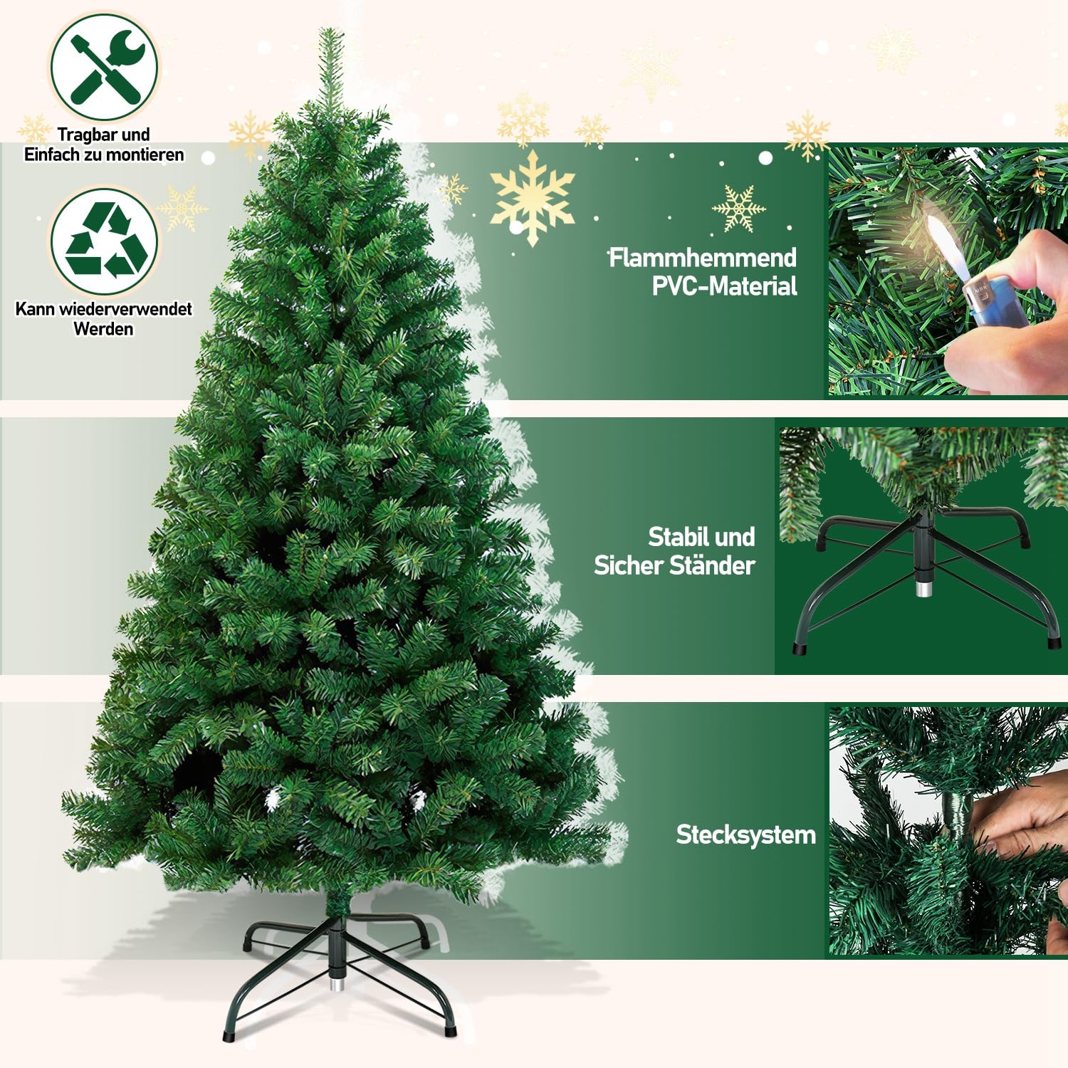 Randaco Albero di Natale artificiale, 210 cm, con 1000 rametti, in PVC ignifugo, decorazione natalizia, verde