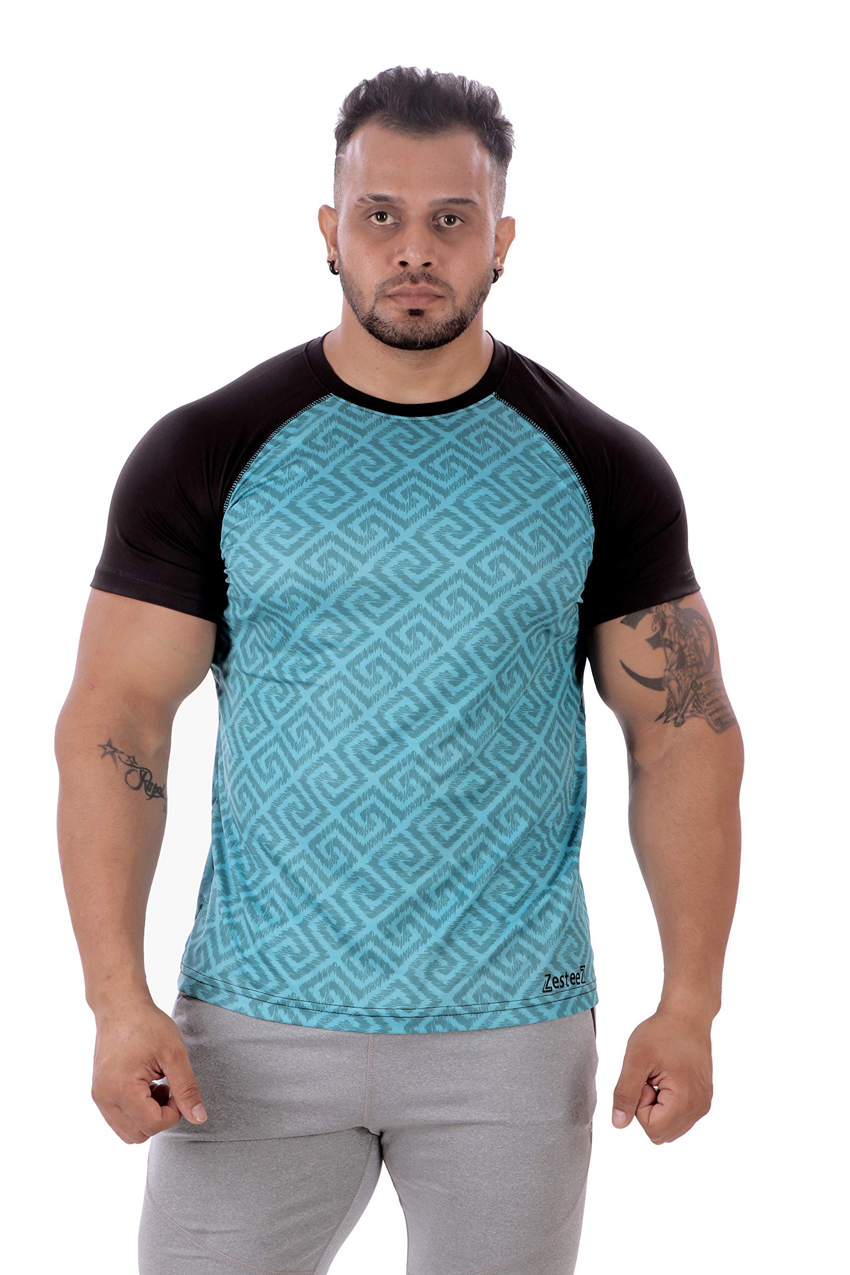 Zesteez Mens Print Round Neck Tshirt in Polyester Dry Fit Fabric for Gym and Sports wear