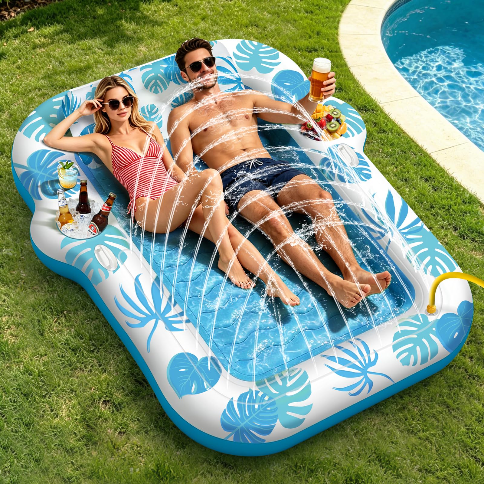JONRRYIN Colchoneta Piscina Adultos 2 Personas, Tanning Pool 225×190 cm, Colchoneta Hinchable con Función de Rociado y 2 Portavasos, Hamaca Hinchable Flotador para Playa y Agua