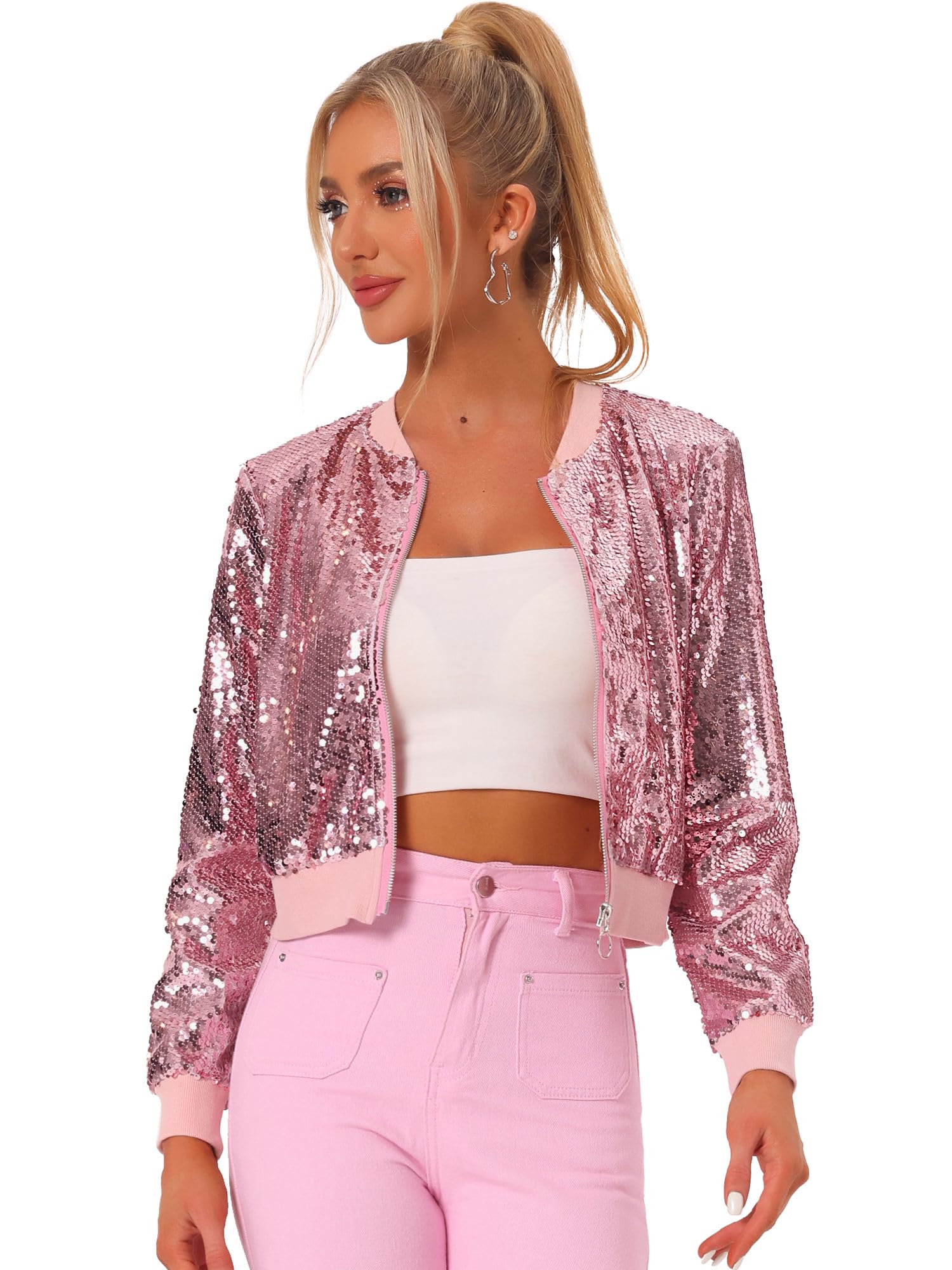 Photo 1 of Allegra K Women Sequin Bomber Jacket - Pink