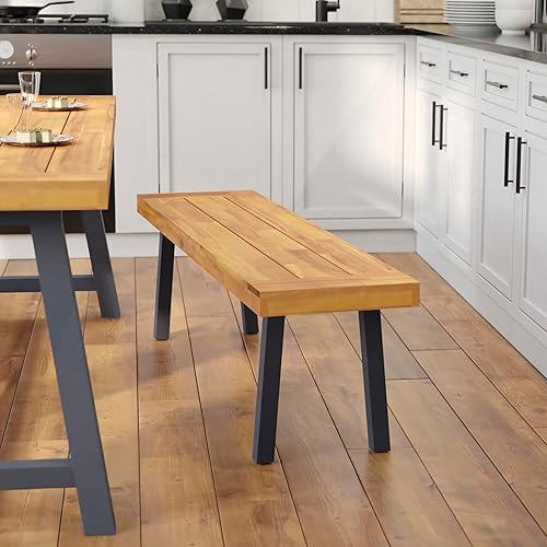 BizChair Banco de madera de acacia maciza, parte superior de listones con acabado natural, patas de madera acampanadas negras, 500 libras. Capacidad