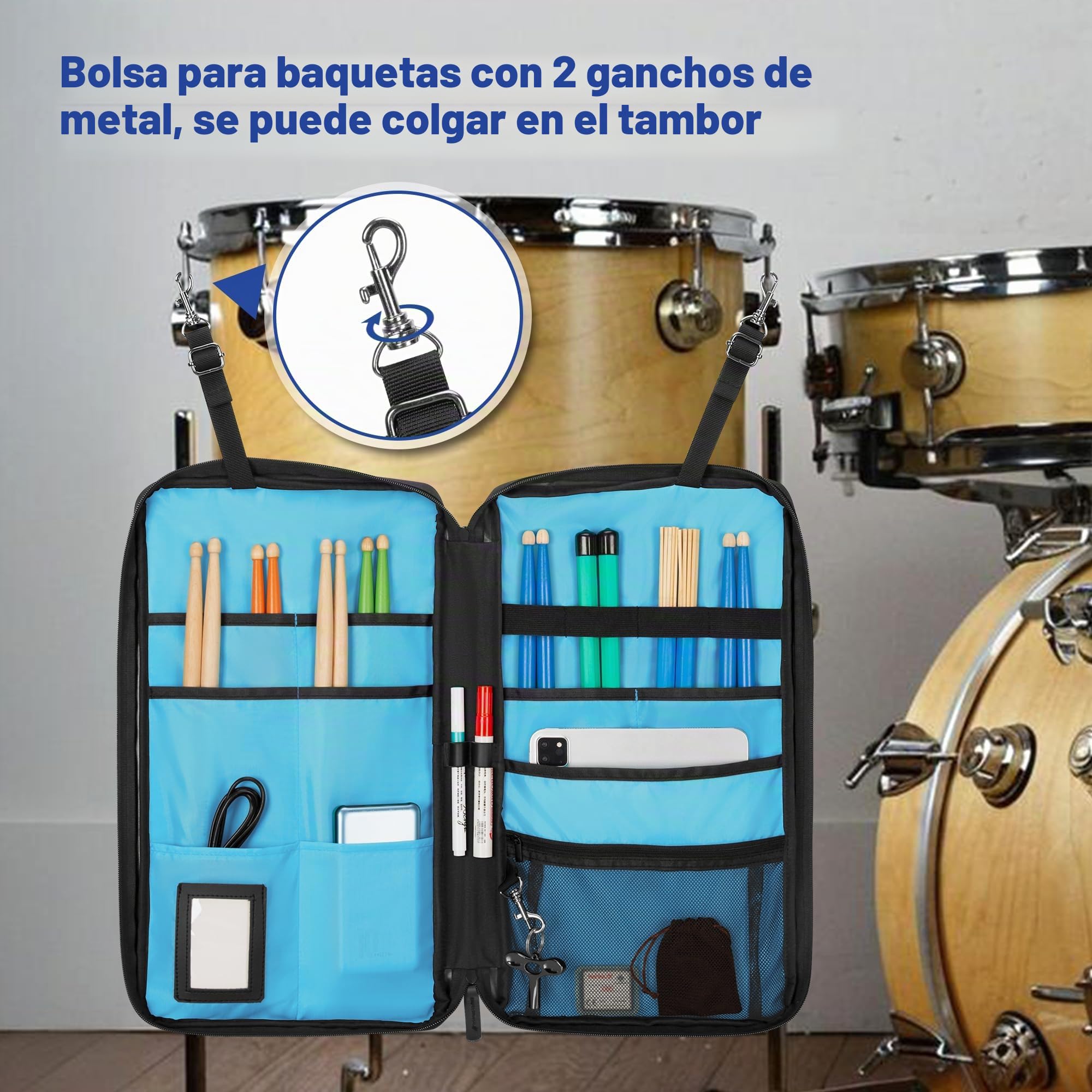 Yarwo Bolsa para Baquetas con Ganchos y Correa Ajustable | Cuelga Tambor con 2 Ganchos Metalicos y Correa Ajustable, Nylon Balistico con Ventana Identificacion para Baquetas