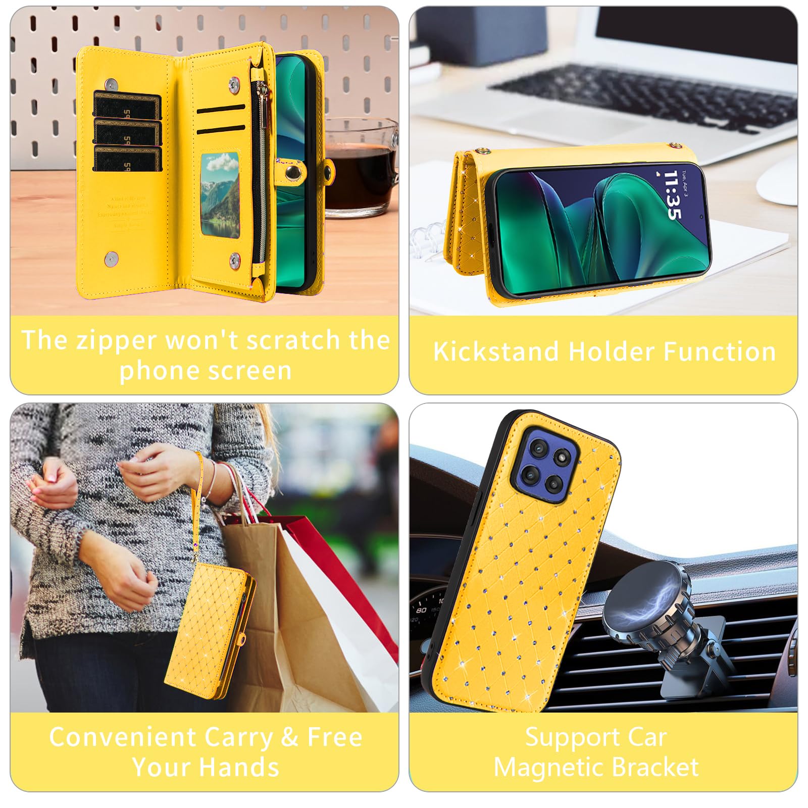 Asuwish Custodia per Motorola Moto G Stylus 5G 2025 con cerniera staccabile a portafoglio con pellicola protettiva per lo schermo Bling Crossbody cinturino glitter flip porta carte di credito slot G5