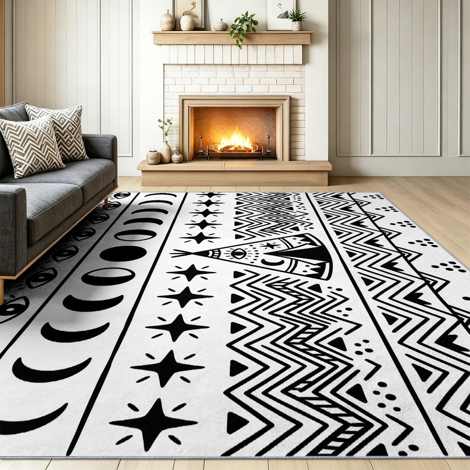Dywan do salonu, boho, etniczny, geometryczny, księżyc, gwiazdy, linie, czarny, miękki, niskie runo, antypoślizgowy, dywan, przyjazny dla dzieci, do sypialni, jadalni, kuchni, 60 x 110 cm