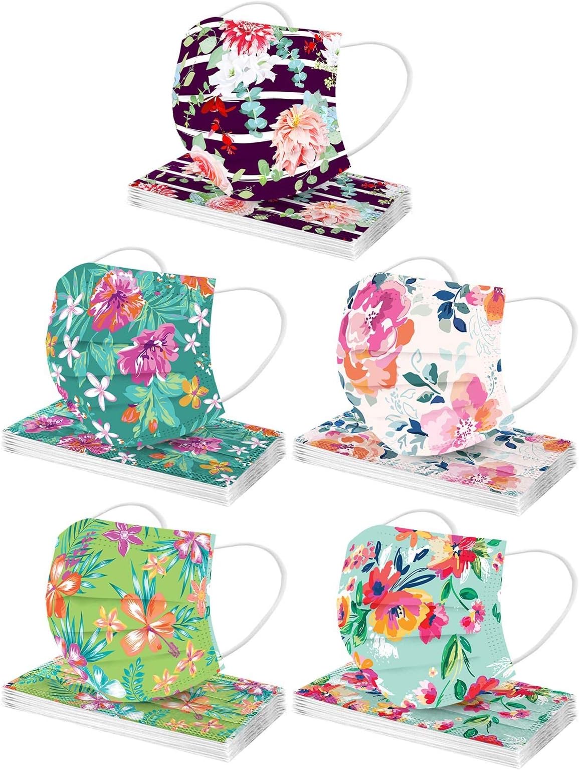 CHENSEN 50 Pcs Disposable Face Mask Floral Print Breathable 3 Layers Earloops Protective Holiday Dust Masks For Adults