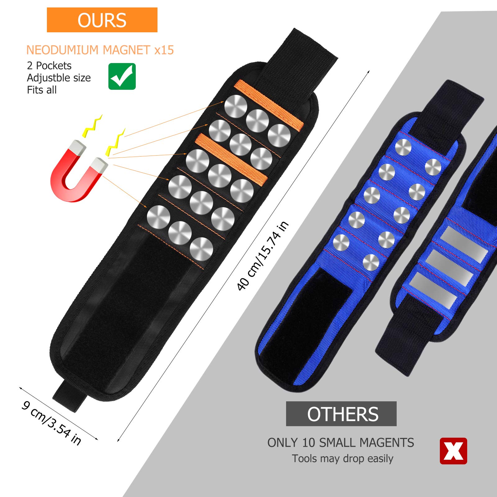 Bracciale Magnetico, Regalo Uomo, Polsino Magnetico con 15 Magneti Super Forti, Fissaggio di Viti/Chiodi/Attrezzi Magnetici, Regalo per Marito, Gadgets Uomo