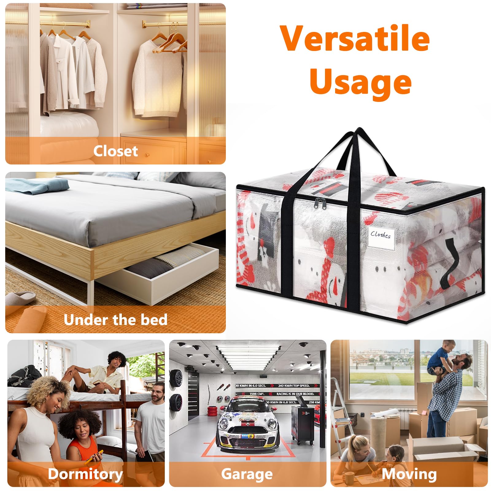 Lot de 5 Grand Sac De Rangement Vetement, 100L Boite Rangement Vetement en Transparente, Housse de Couette Pliable avec Poignées pour Demenagement, Vêtements, Couvertures, Jouets, Livres