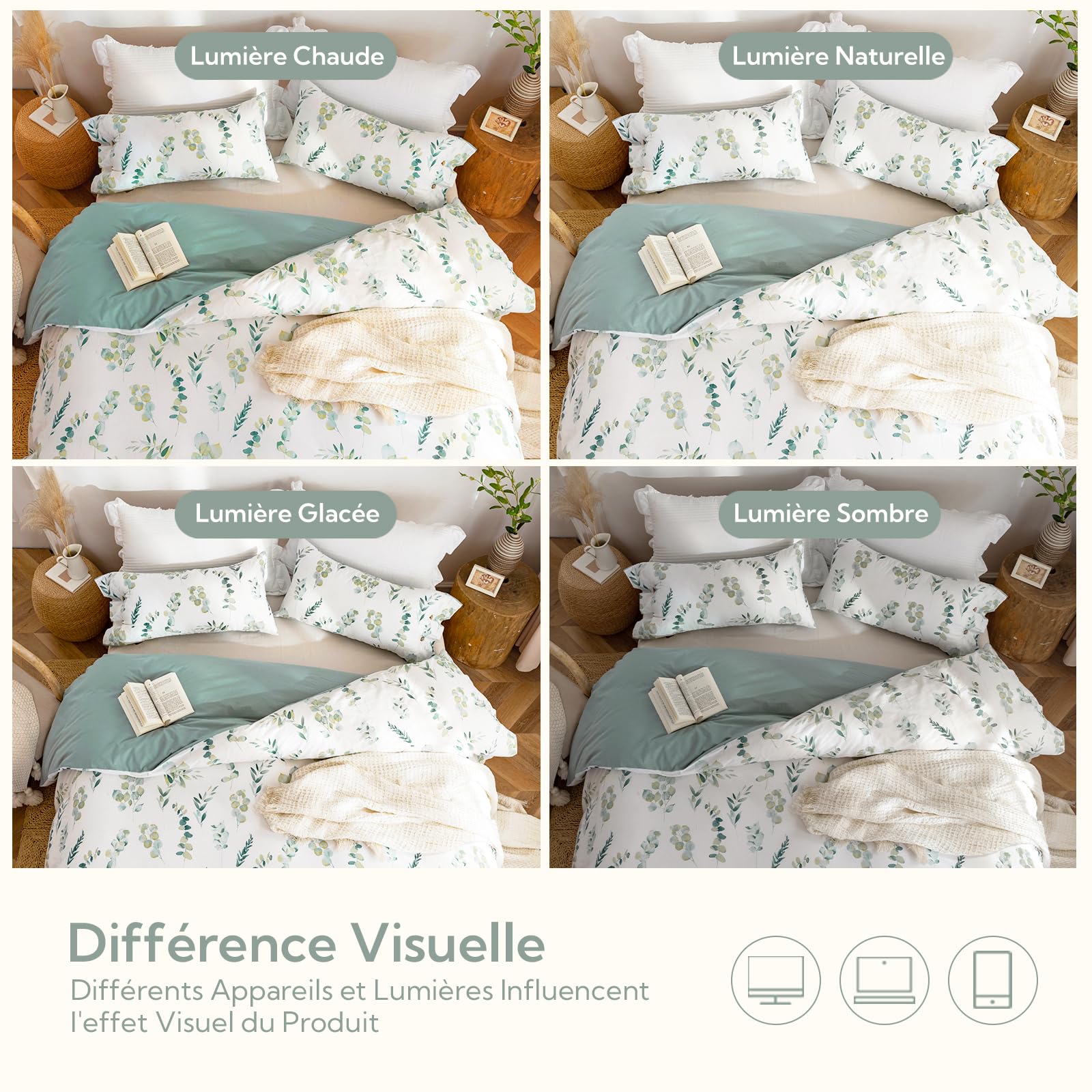 MILDLY Housse de Couette 220x240 Coton - Design Motif Botanique, 100% Coton Lavé, Certifié Oeko-TEX, Vert Sauge Motif Feuilles Parure de Lit 2 Personnes 220x240 Coton avec 2 Taies d'oreiller 65x65 cm