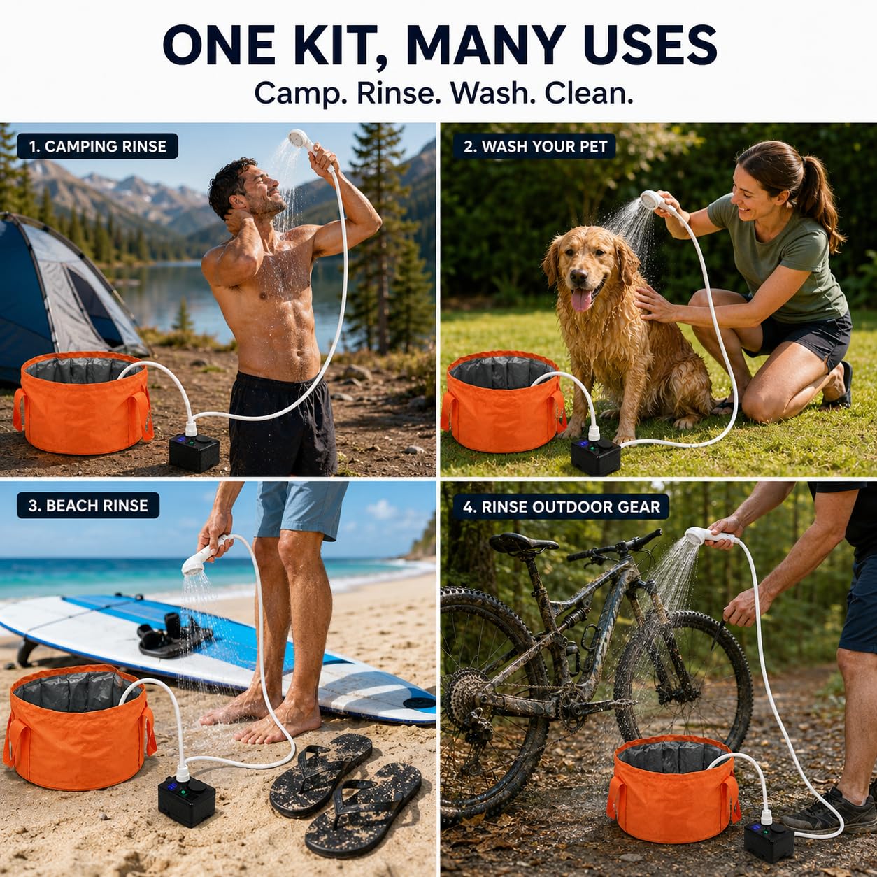 Aidoclip Pompa doccia portatile da campeggio con 12l pieghevole | Kit doccia alimentato a batteria, display della temperatura, soffione doccia a 3 velocità, tubo da 2,1 m, doccia per spiaggia
