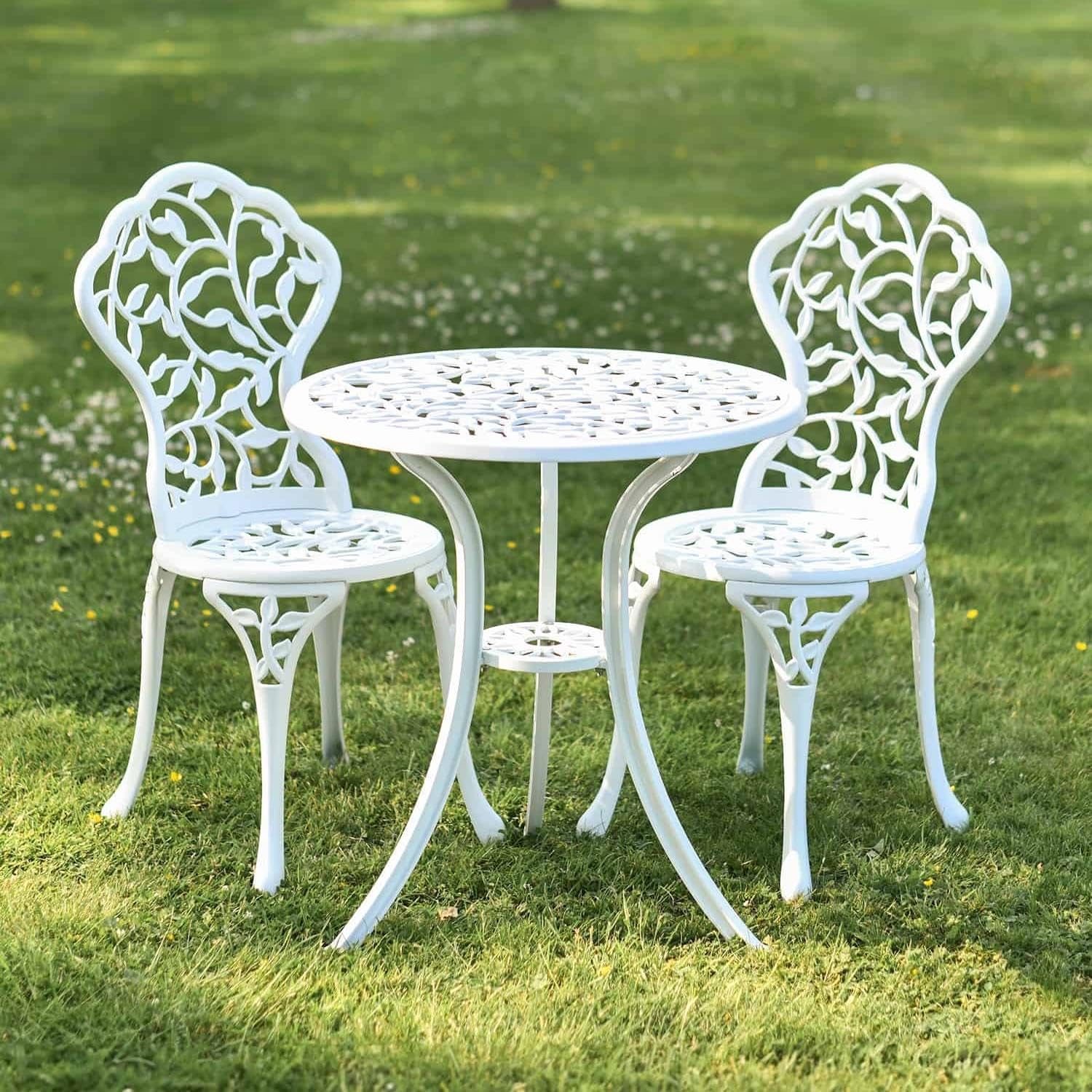 Black Country Metal Works Classic White Rosette Two Seater Bistro Set, 3 Piece Cast Aluminium Patio Dining Furniture