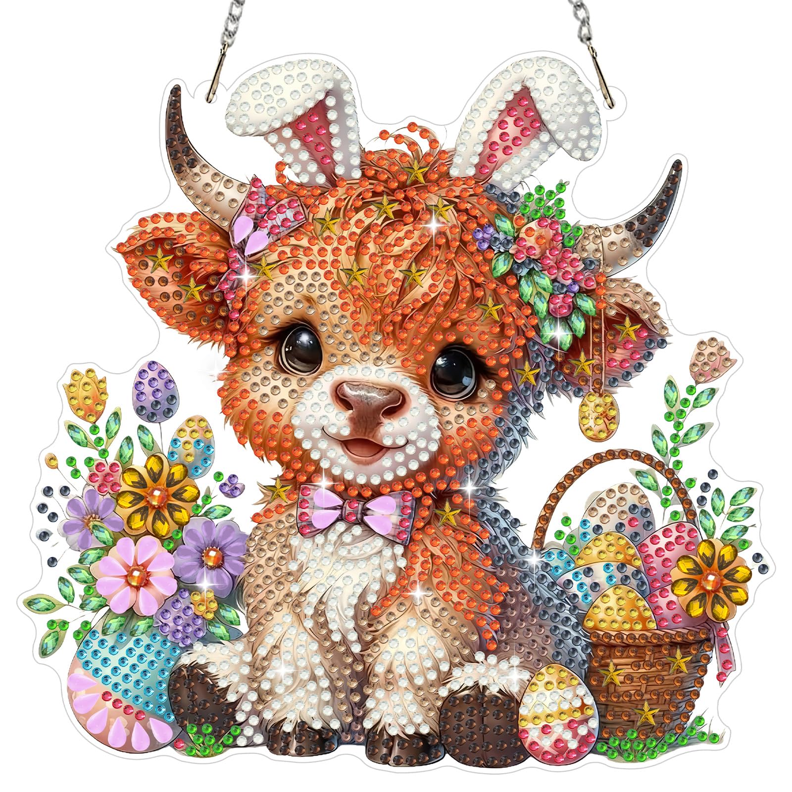 Bowetile Diamond Painting Hanging Ornament with Chain, Cow Diamond Painting Pendant Kits for Adults Beginners Kids, Easter Blooms Diamond Crystal Gem Arts Crafts Kit Gift for Home Wall Decor — image 1