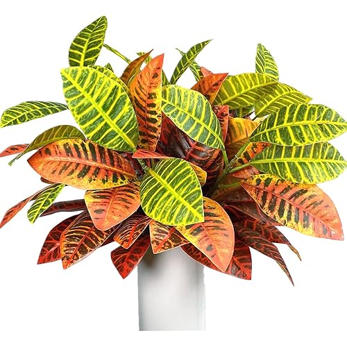 Artificial Croton Plant Leaf Branches Lifelike Tropical Houseplant Bush Stems for Home Office Decoration (Orange - Pack of 4)