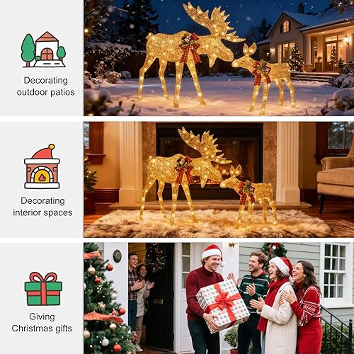 Miniatura 5 de 2 piezas de decoración navideña de alce iluminado para exteriores, exhibición de patio familiar de alces con 135 luces LED, ciervos de Navidad
