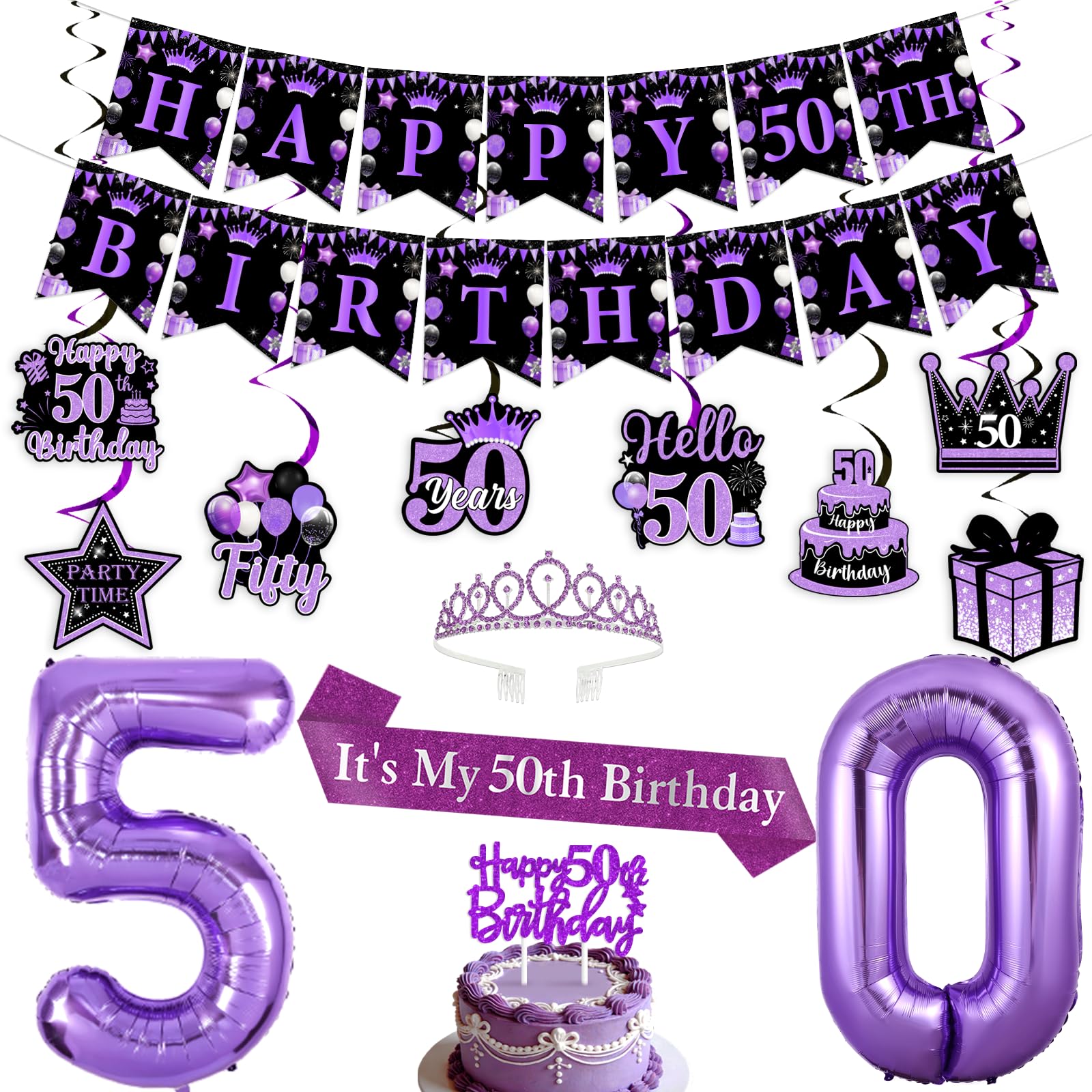 Funmemoir Black and Purple 50th Birthday Decorations for Her - Purple Tiara, Sash, Hanging Swirls, Cake Topper, Foil Balloons and Banner for Women Happy 50th Birthday Party Supplies