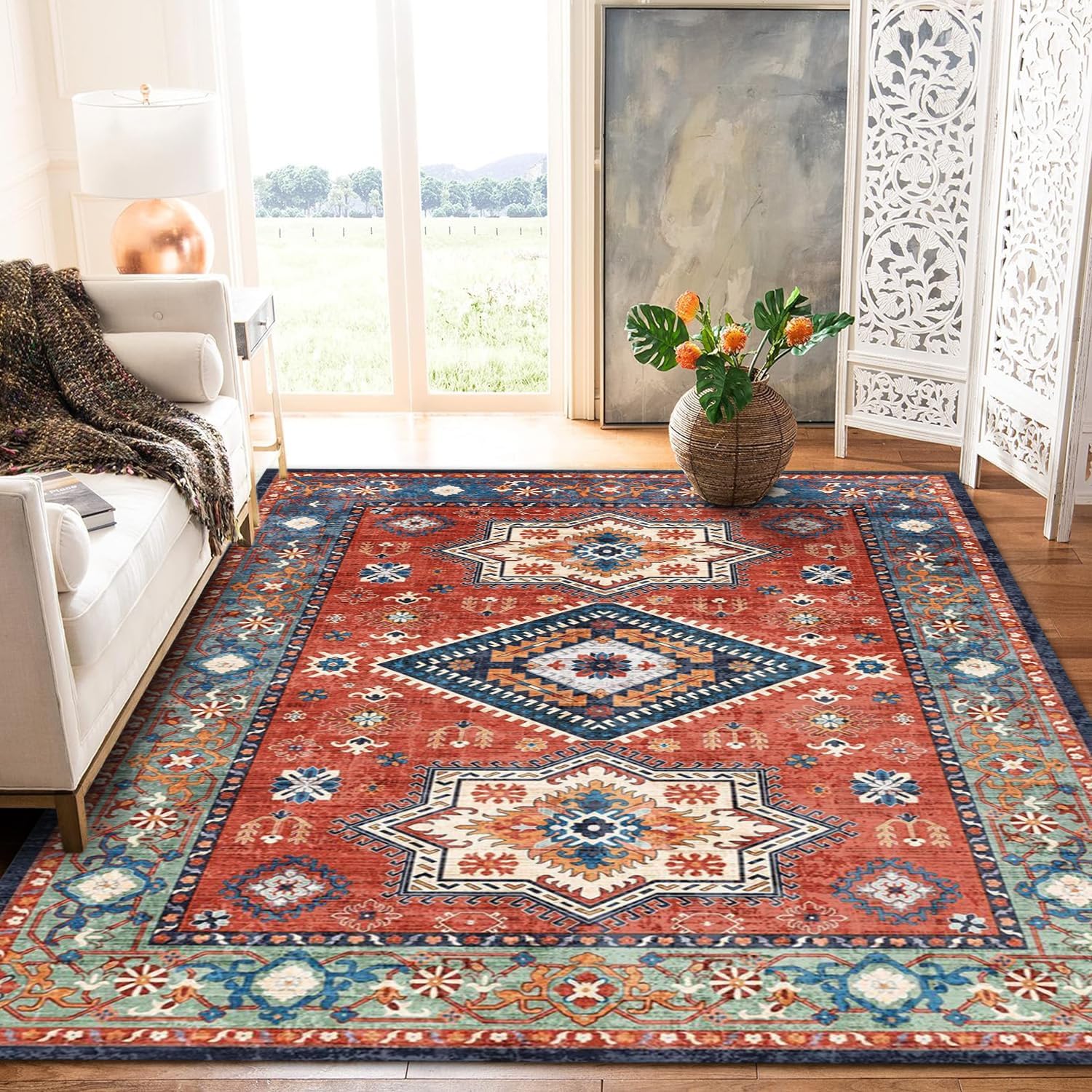 Machine Washable Rug 5x7 Boho Non Slip Low Pile Area Rugs Stain Resistant Vintage Oriental Carpet Soft Red Floor Rug for Living Room Bedroom Entryway Dinning Room Hallway Front Door Red-blue 5x7