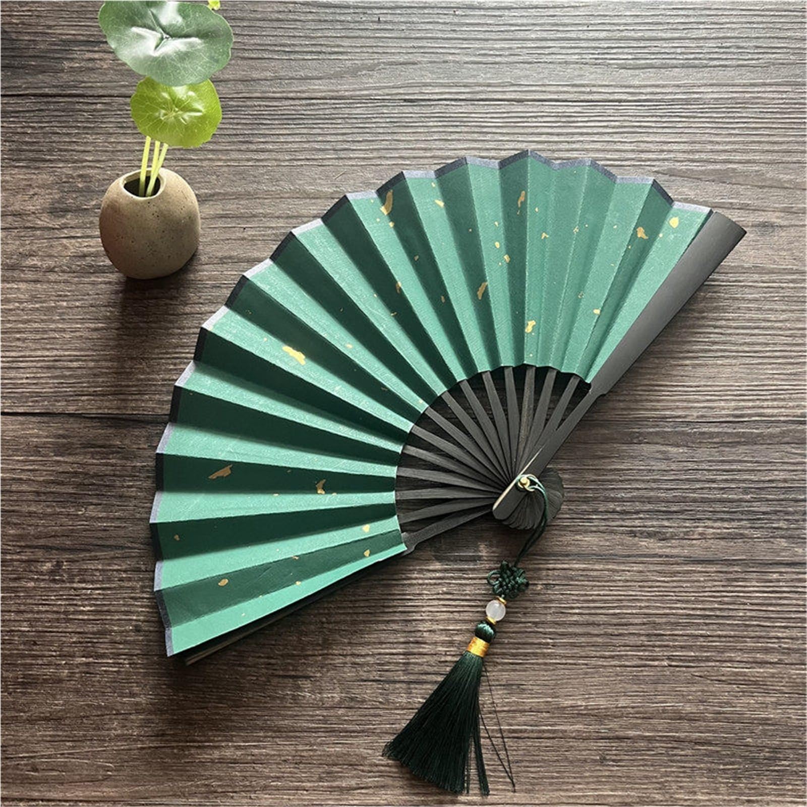 SXTYYH Folding Hand Fan Tassel, Mini Classical Multicolor Gold Sprinkled Xuan Paper Handheld Fan for Women Foldable, Folding Fans for Line Dancing, Hanfu Photo Prop(5in,Green)