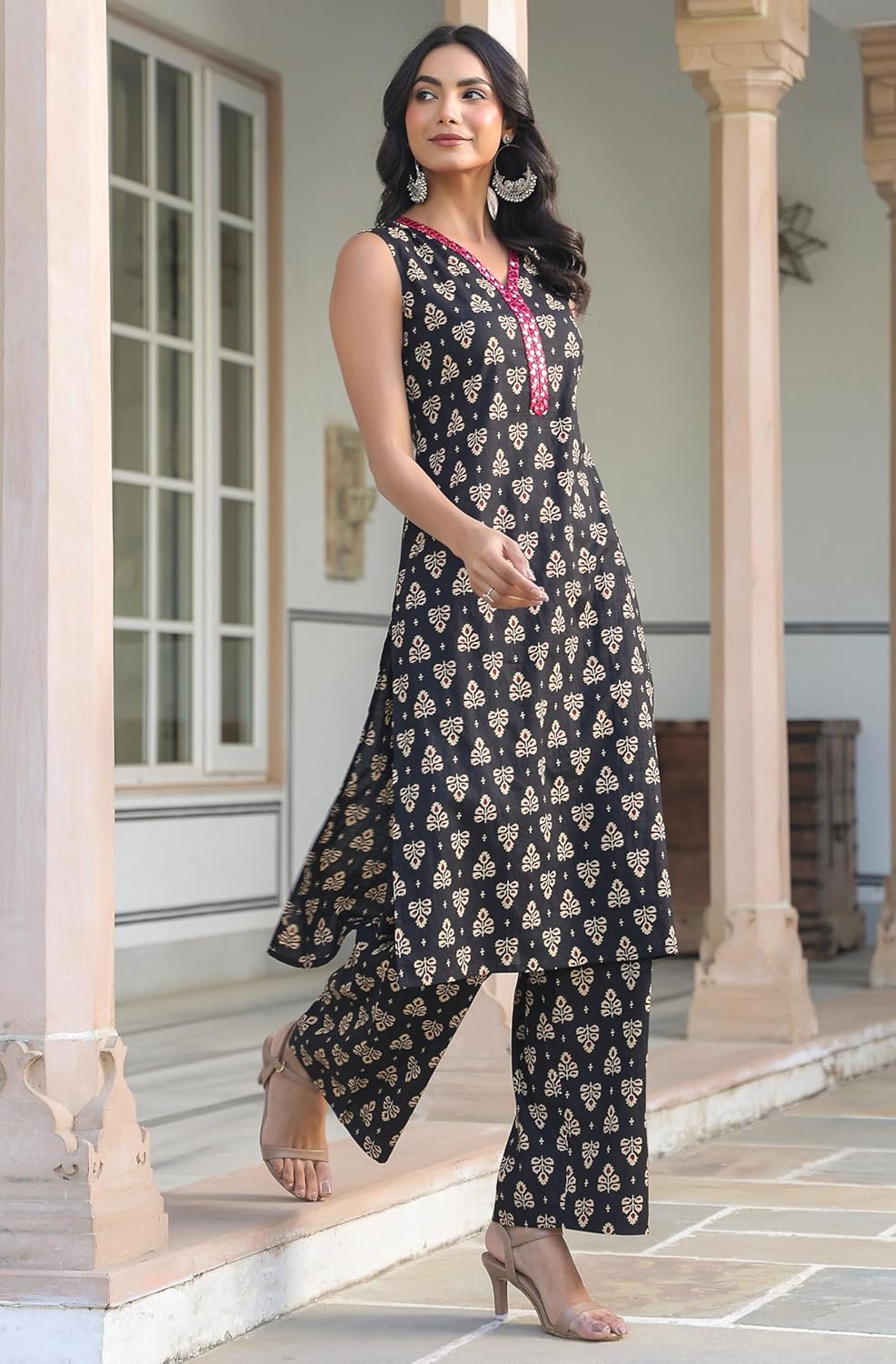 Janasya Indian Women's Black Casual Printed Kurta Set for Women - Image 3