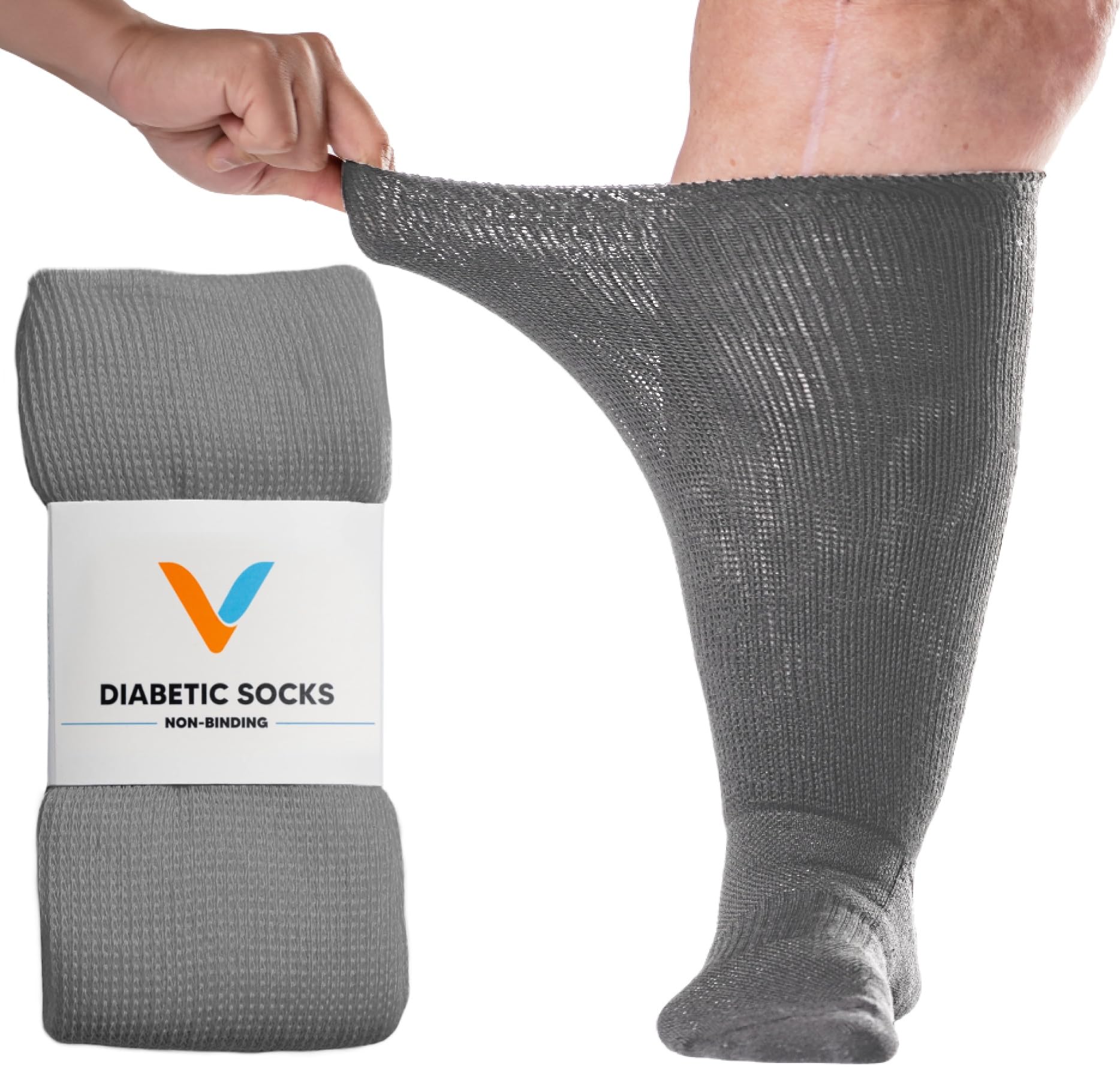 Viasox EasyStretch™ Diabetic Socks for Men &amp; Women, Non Binding Top, Seamless Toe, Loose Fit (Gray, Large)