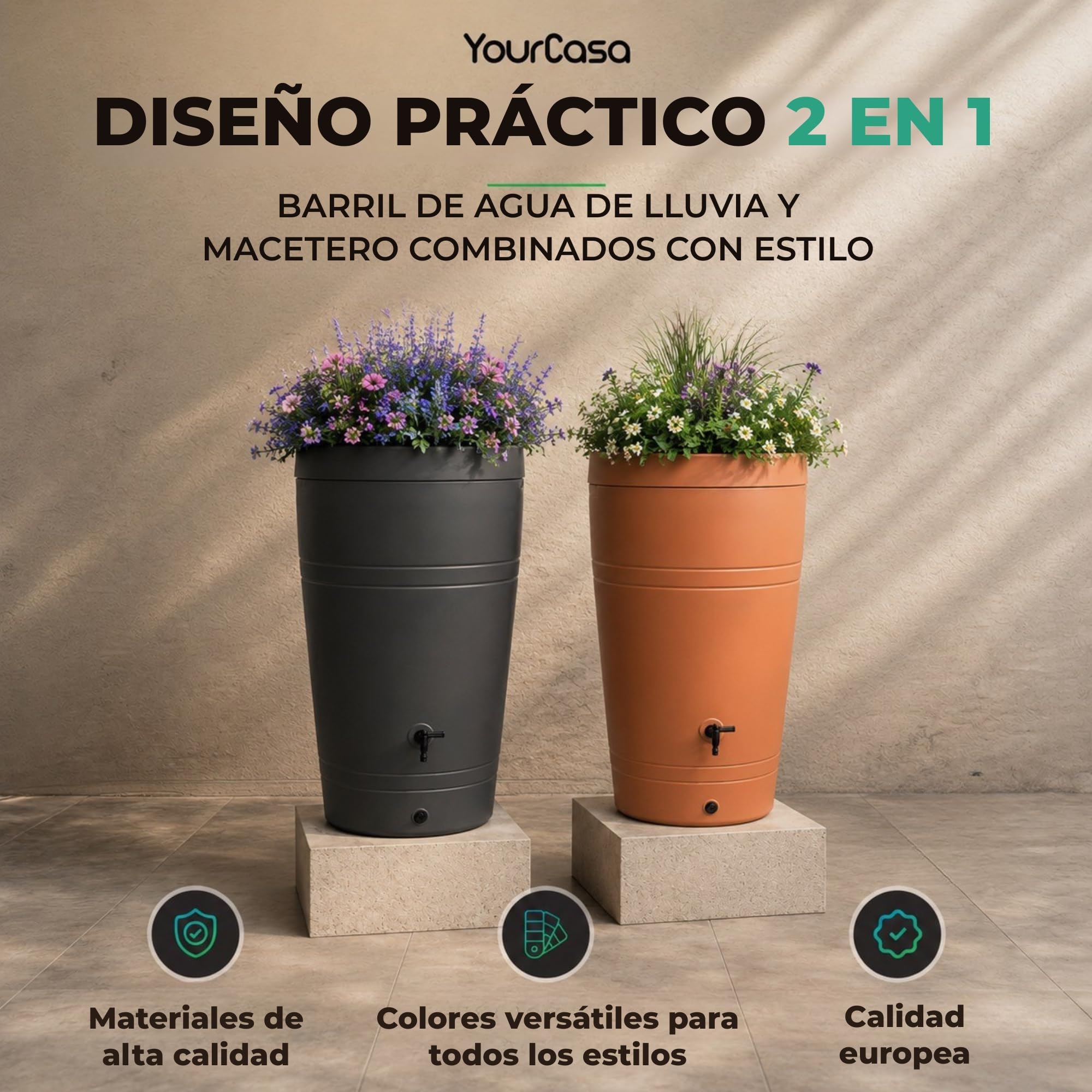 YourCasa Deposito Agua 230 litros [diseño Decore] Barril de Lluvia Resistente a Las heladas de plástico – bidon Agua de Lluvia con Grifo – depósito de Agua para jardín (Antracita)
