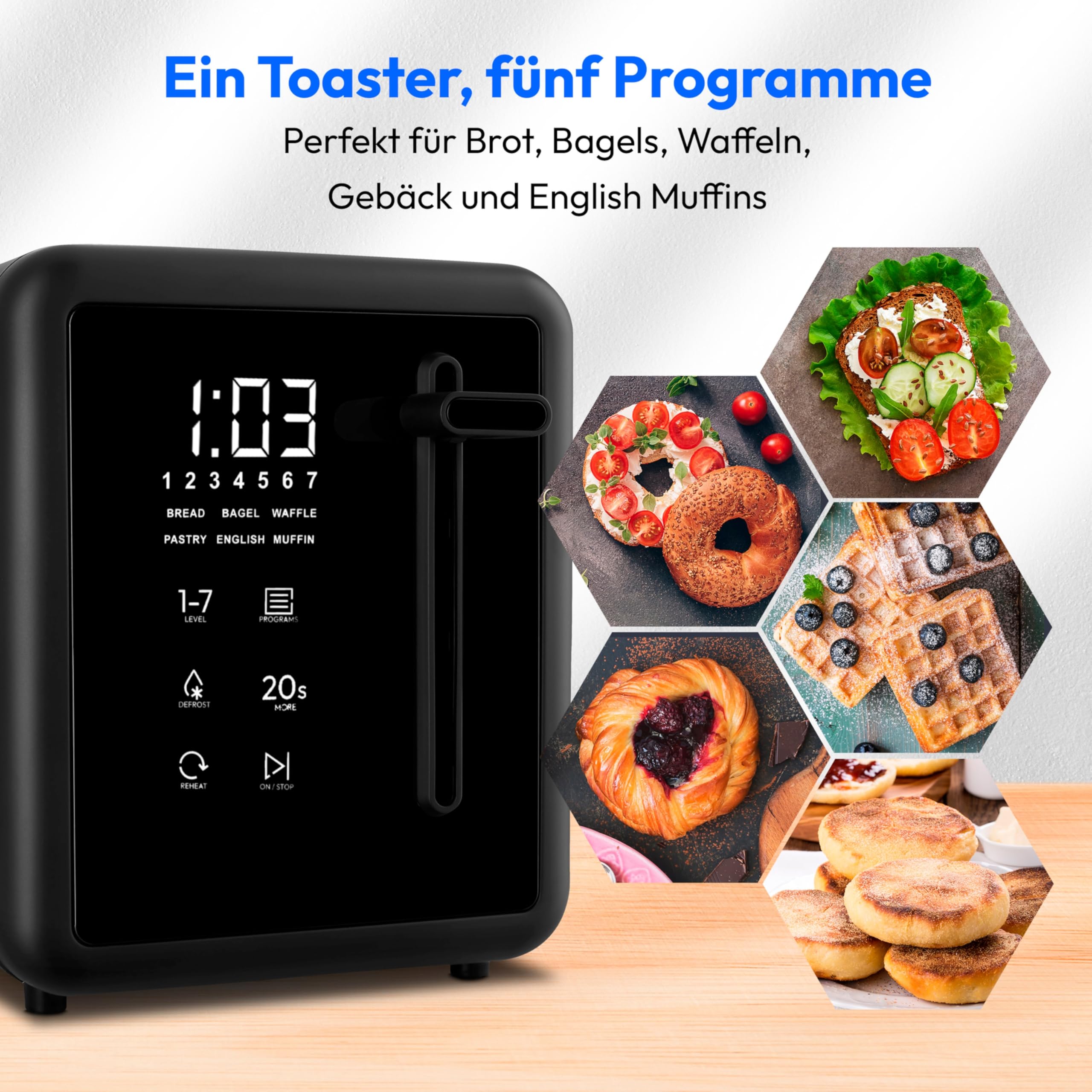 MEDION Toaster 4 Scheiben mit Brötchenaufsatz (7 Bräunungsstufen, 5 Automatikprogramme, 1.450 Watt, 2 lange Toastschlitze, Auftauen, Aufwärmen, Krümelschublade, Edelstahl Matt, MD 12103) schwarz