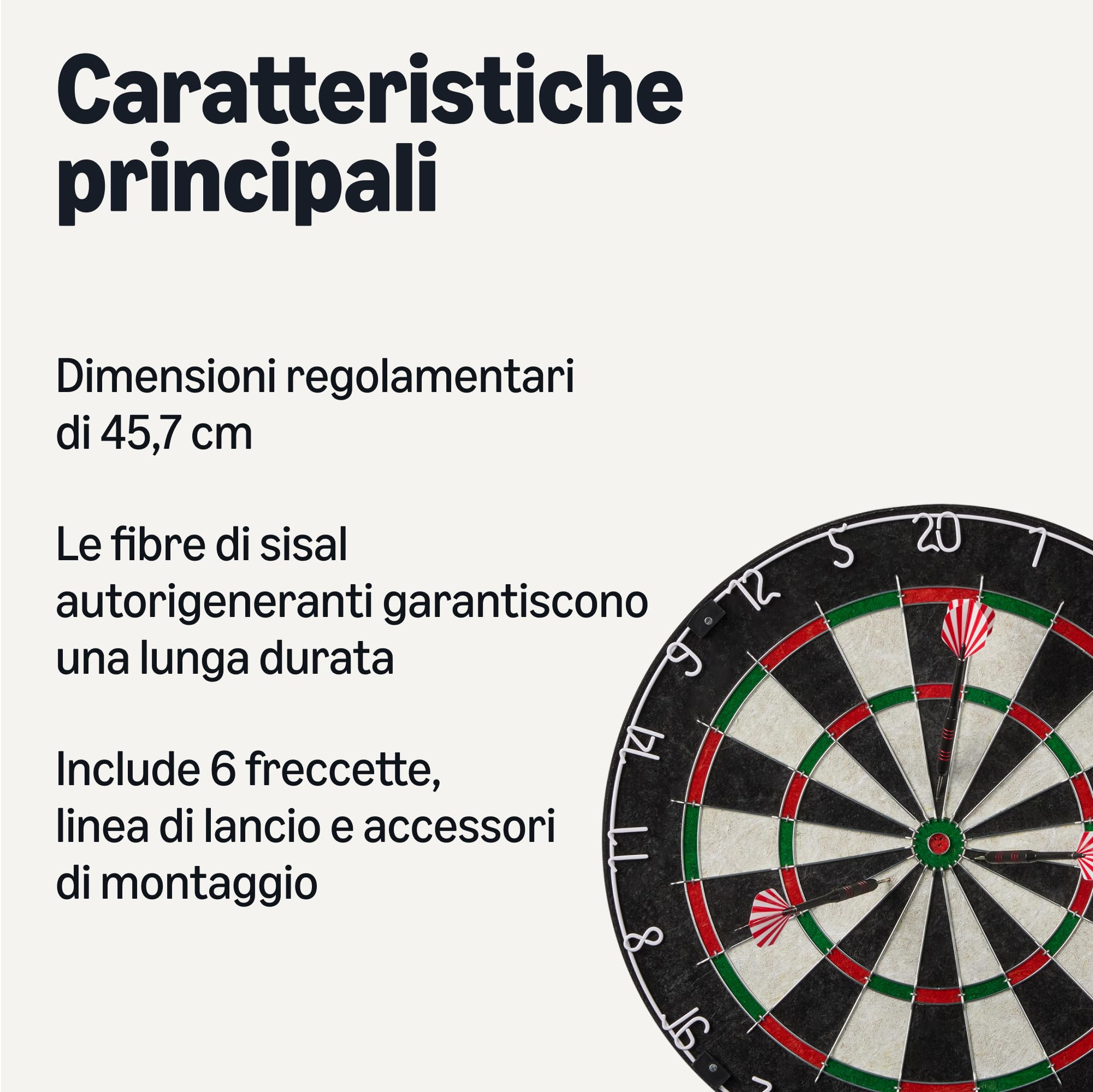 Amazon Basics, Set Bersaglio con 6 Freccette a Punta in Acciaio, Fibra di Sisal Autorigenerante, Design con Filo Metallico Sottile, Kit di Montaggio Completo, 45,7cm, Nero
