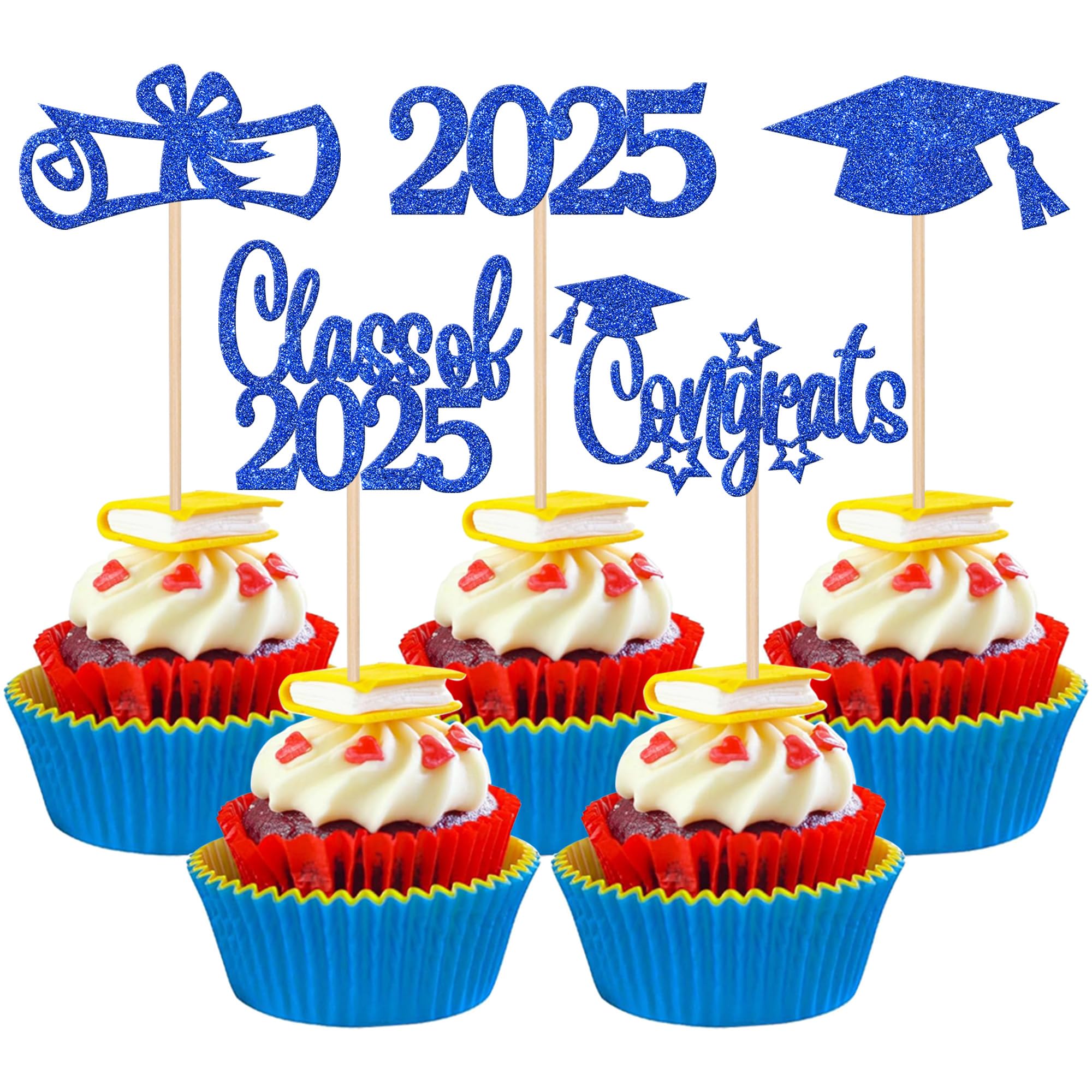 30 PCS 2025 Graduation Theme Cupcake Toppers Glitter Class of 2025 Cupcake Picks Diploma Grad Cap Congrats 2025 Cake Decorations for 2025 Graduation