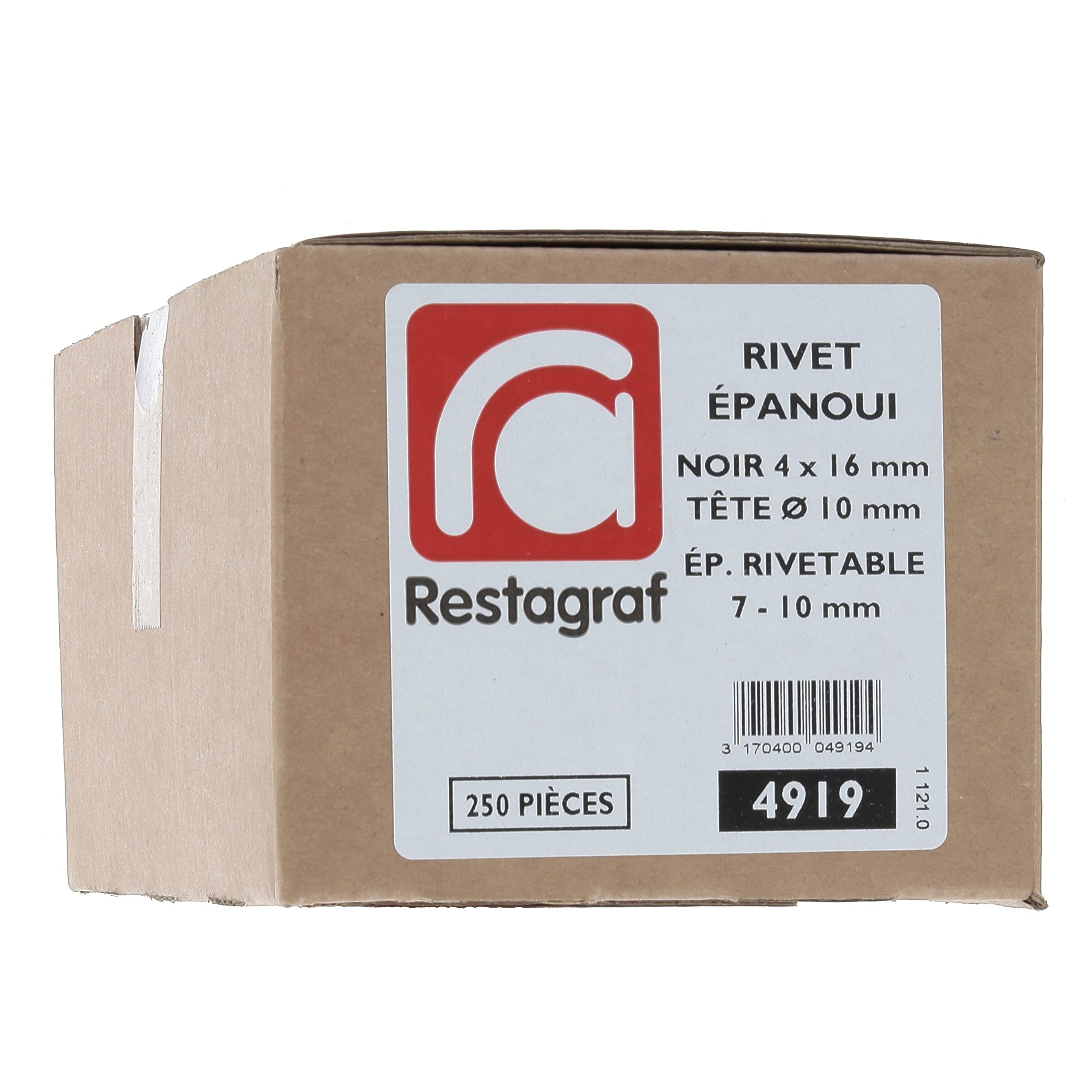 Restagraf - Rivets Épanouis Noirs pour Plaques d'Immatriculation - Diamètre 4 mm - Fixation Durable sur Carrosserie ou Support Plastique - Réf. 4919 - Boîte de 250