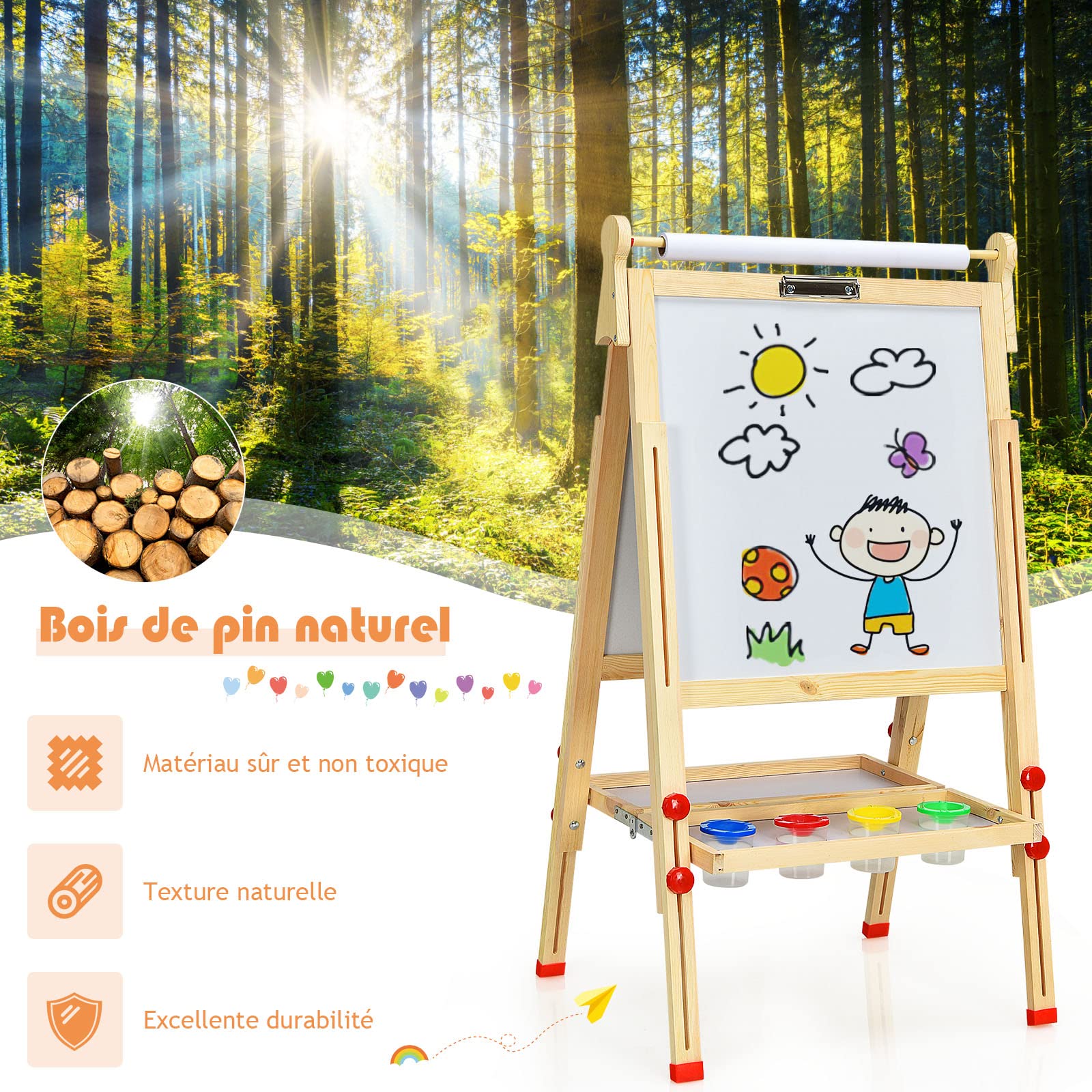 COSTWAY Chevalet Pliable en Bois pour Enfants, 3 en 1 Tableau à Dessin Réglable en Hauteur avec Tableau Noir & Blanc, Rouleau de Papier, Plateau de Rangement et Accessoires Complets, Naturel