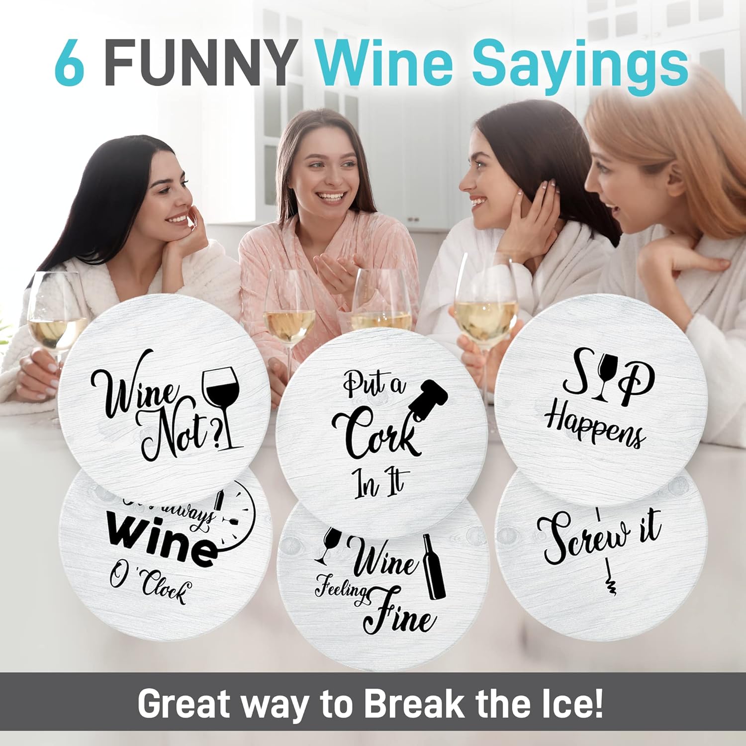 Coasters for Drinks Absorbents with Holder - 6 Pcs Gift Set with 6 Funny Sayings for Wine Lovers - Ceramic Stone with Corked Back, Unique Present for Housewarming, Living Room Decor - Image 5