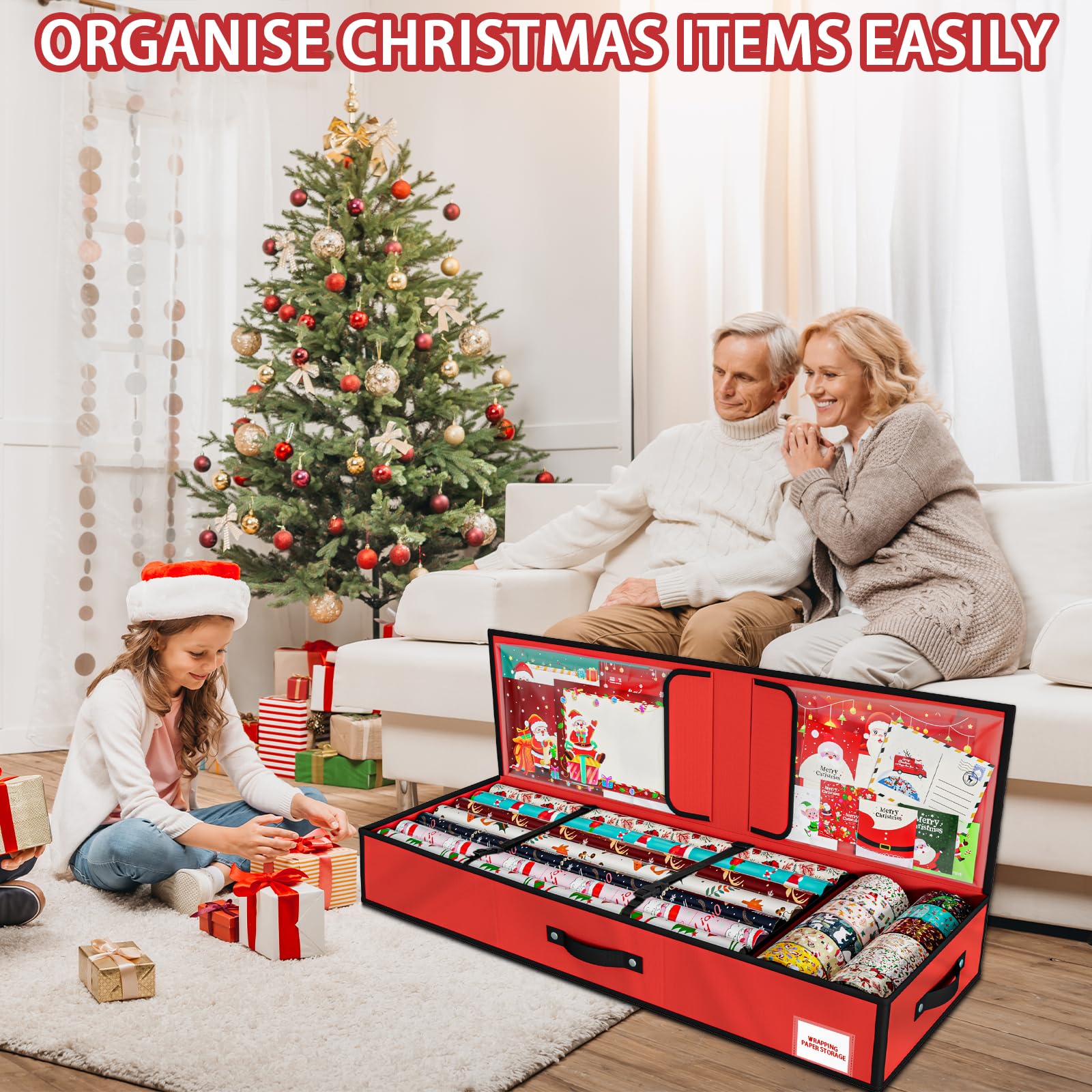 KYEVIS Borsa per carta da regalo natalizia con tasche multiple, adatta per 24 rotoli, scatola organizer per decorazioni natalizie per fiocchi, etichette, forbici e nastri (rosso)