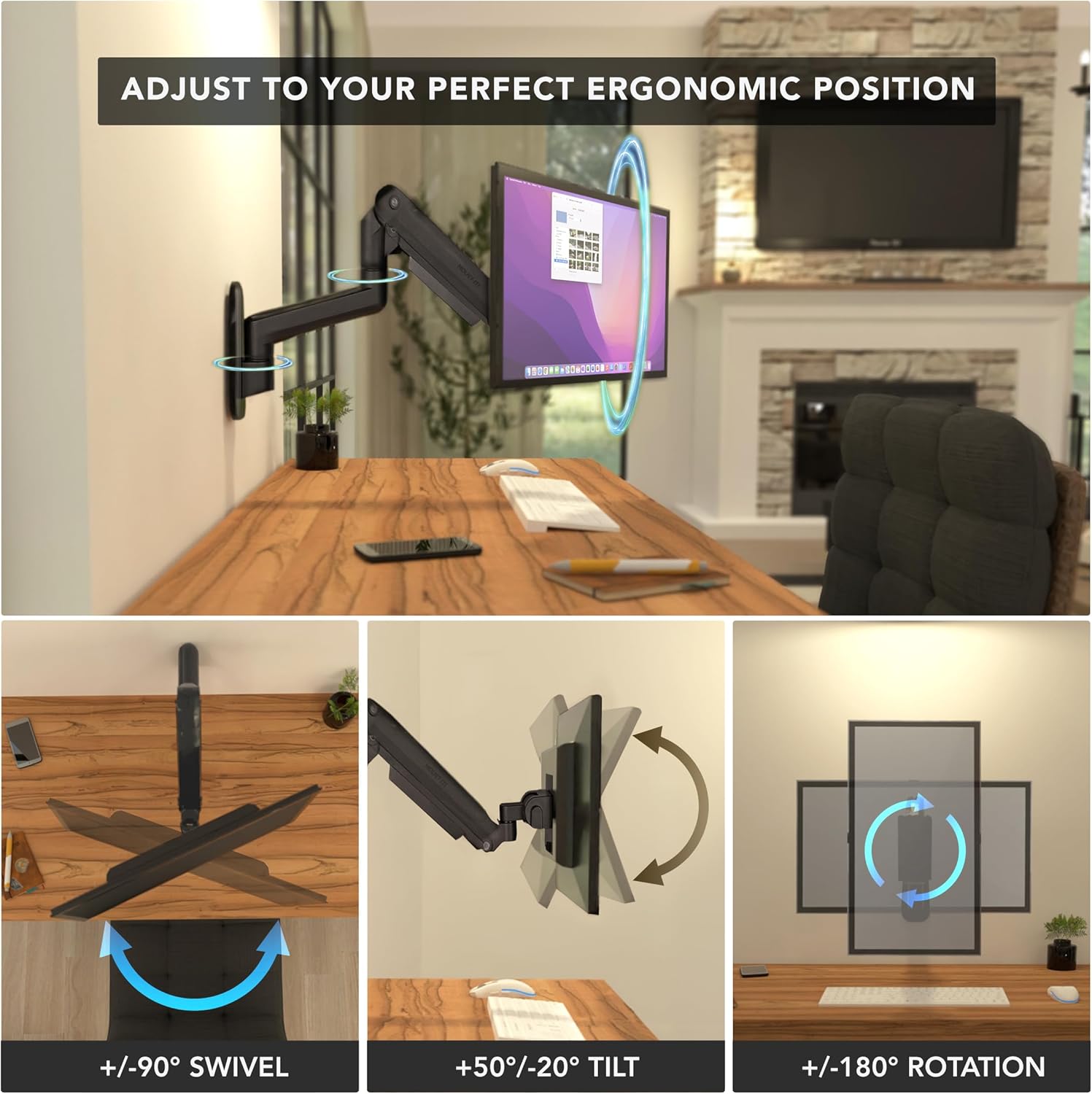 Mount‑It! Heavy‑Duty Wall Mount Arm for 49″ Curved & Ultrawide Monitors, Gas‑Spring Full Motion, 23.5″ Reach, 44 lb Capacity, VESA 75/100, Single‑Stud Install